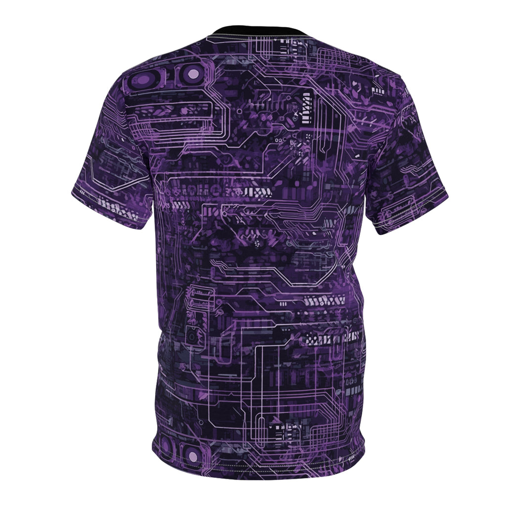 CyberPunk Cybernetic Skull breaking through a Purple Neon Circuit Board Unisex Cut & Sew Tee (AOP) Gifts for Her Gifts For Him