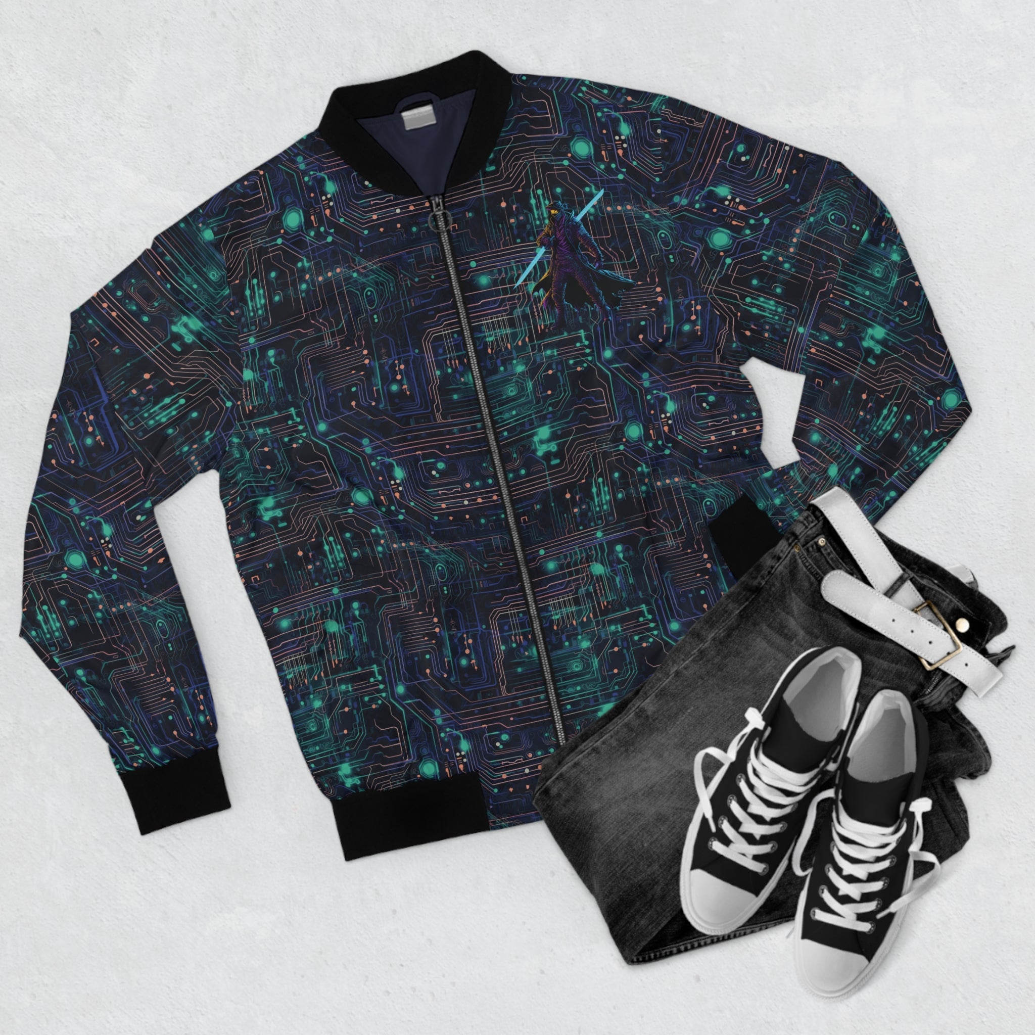Cyberpunk Vanguard: Neon Circuit Board Men's Bomber Jacket (AOP)