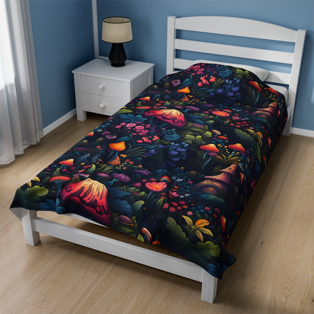 Fairy Tale Magical Forest With Colorful Mushrooms Velveteen Plush Blanket