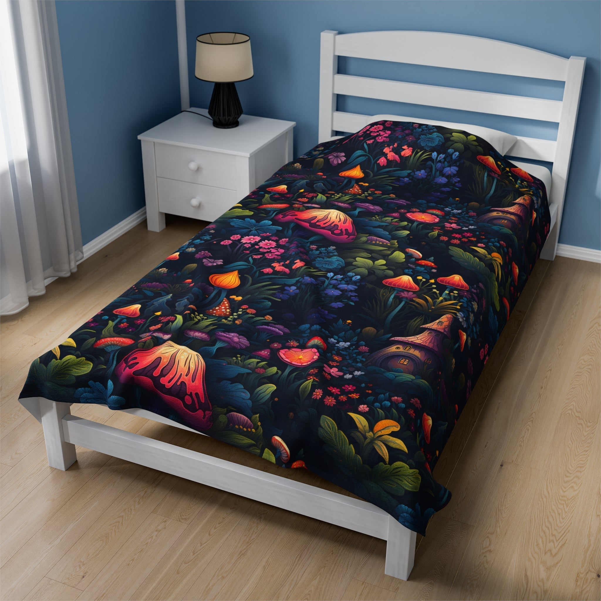 Fairy Tale Magical Forest With Colorful Mushrooms Velveteen Plush Blanket