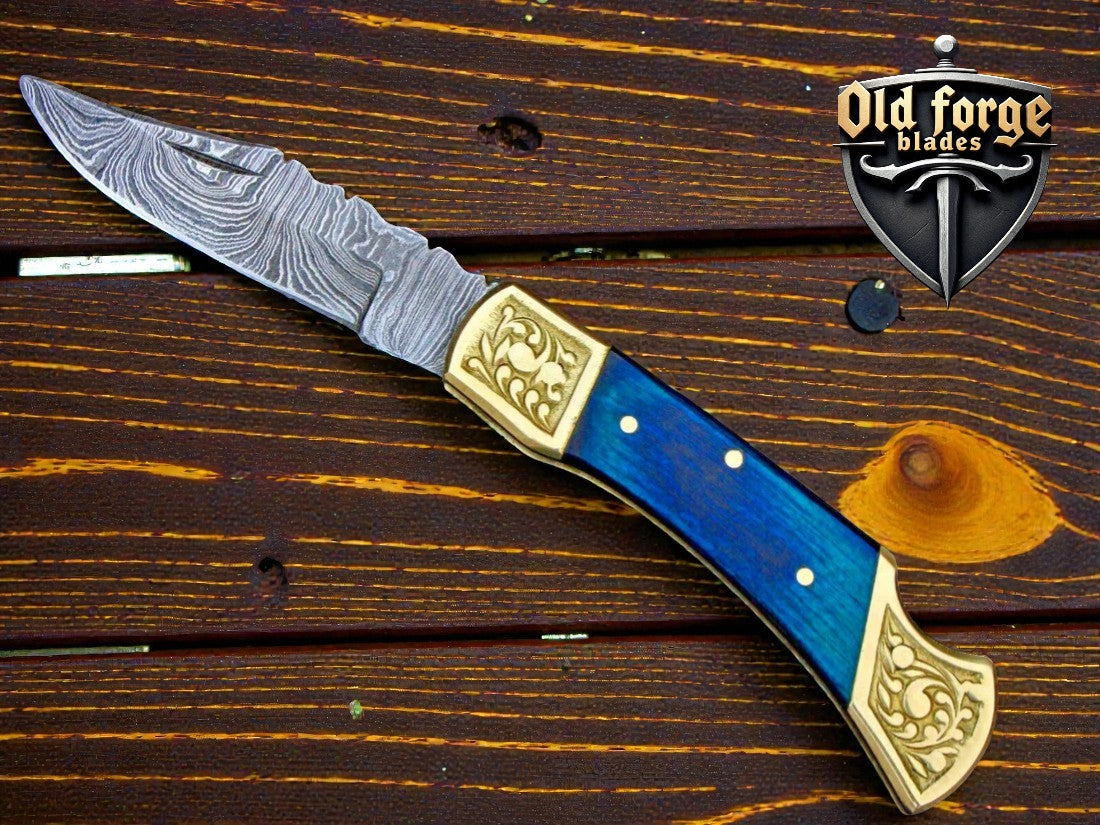 Premium Damascus Pocket Knife – Blue Pakka Wood Handle