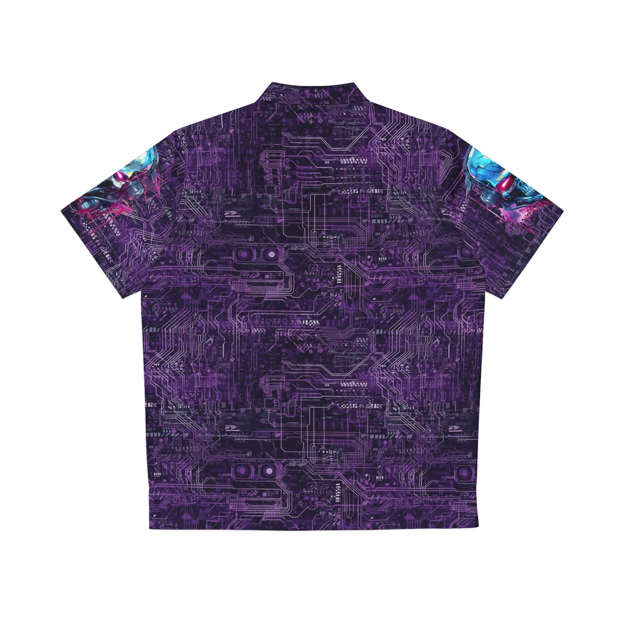 CyberPunk Cybernetic Skull breaking through a Purple Neon Circuit Board Men's Hawaiian Shirt (AOP)