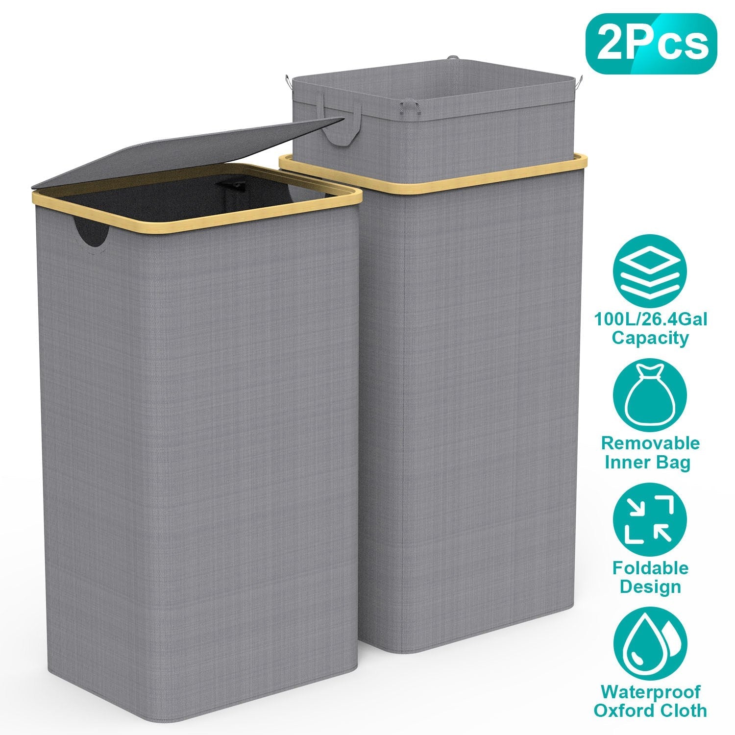 2Pcs Collapsible Laundry Hamper with Lid Handle 100L/26.4Gal Capacity Vertical Laundry Basket Foldable Bamboo Basket Dirty Clothes Organizer with Inne