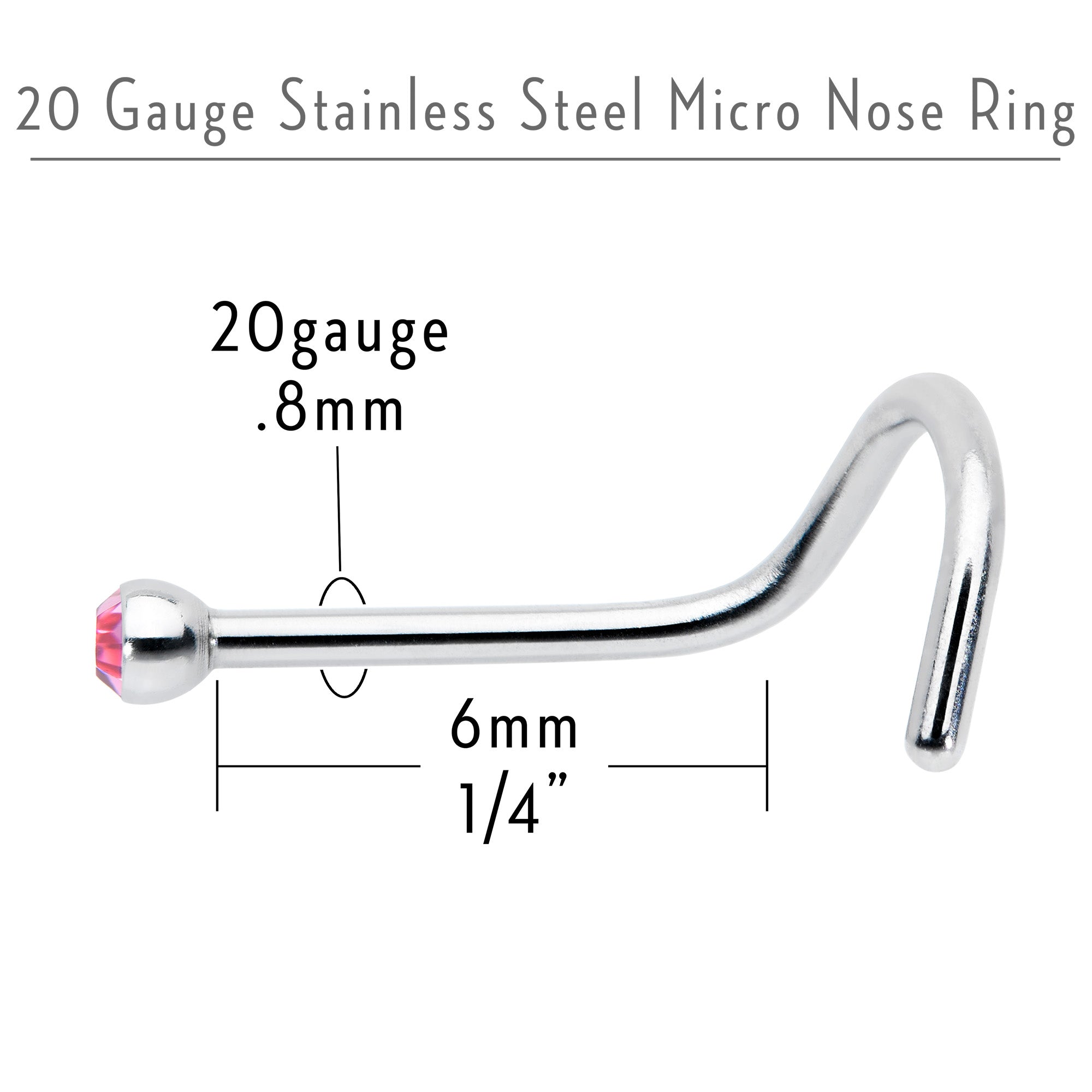 20G Stainless Steel Pink Gem Micro Nose Ring Twister