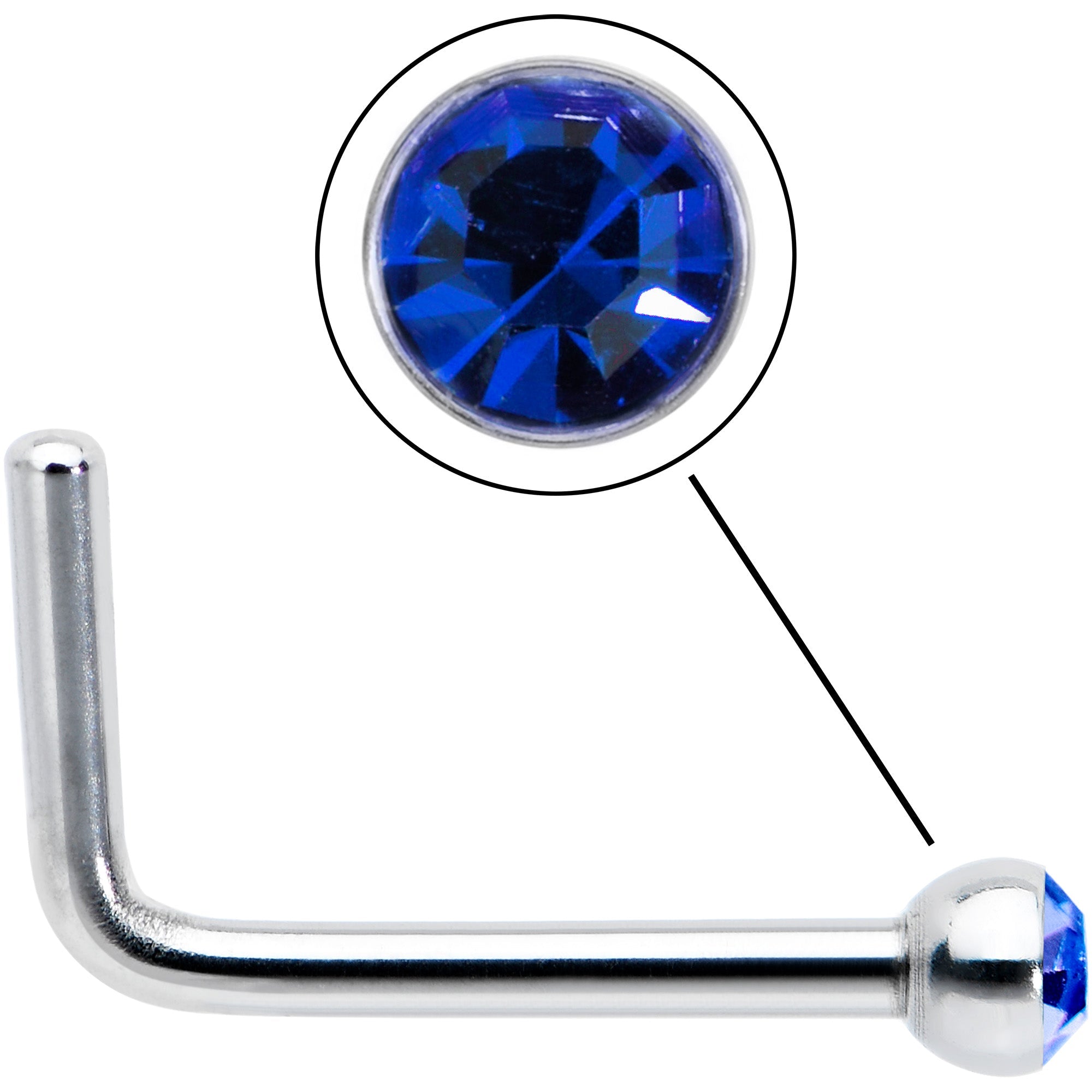 20G Stainless Steel Sapphire Blue Gem Micro Nose Ring L-Shaped
