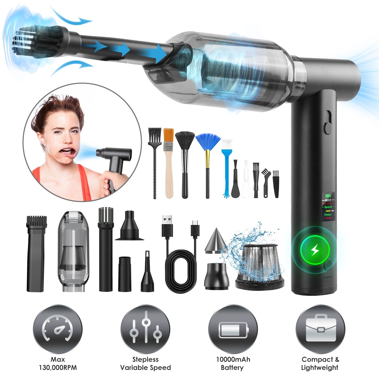 Compressed Air Duster Brushless Motor 130000RPM Stepless Variable Speed 1WmAh Battery Cordless Dust Blower Vacuum Cleaner Portable Jet Dry Blower for