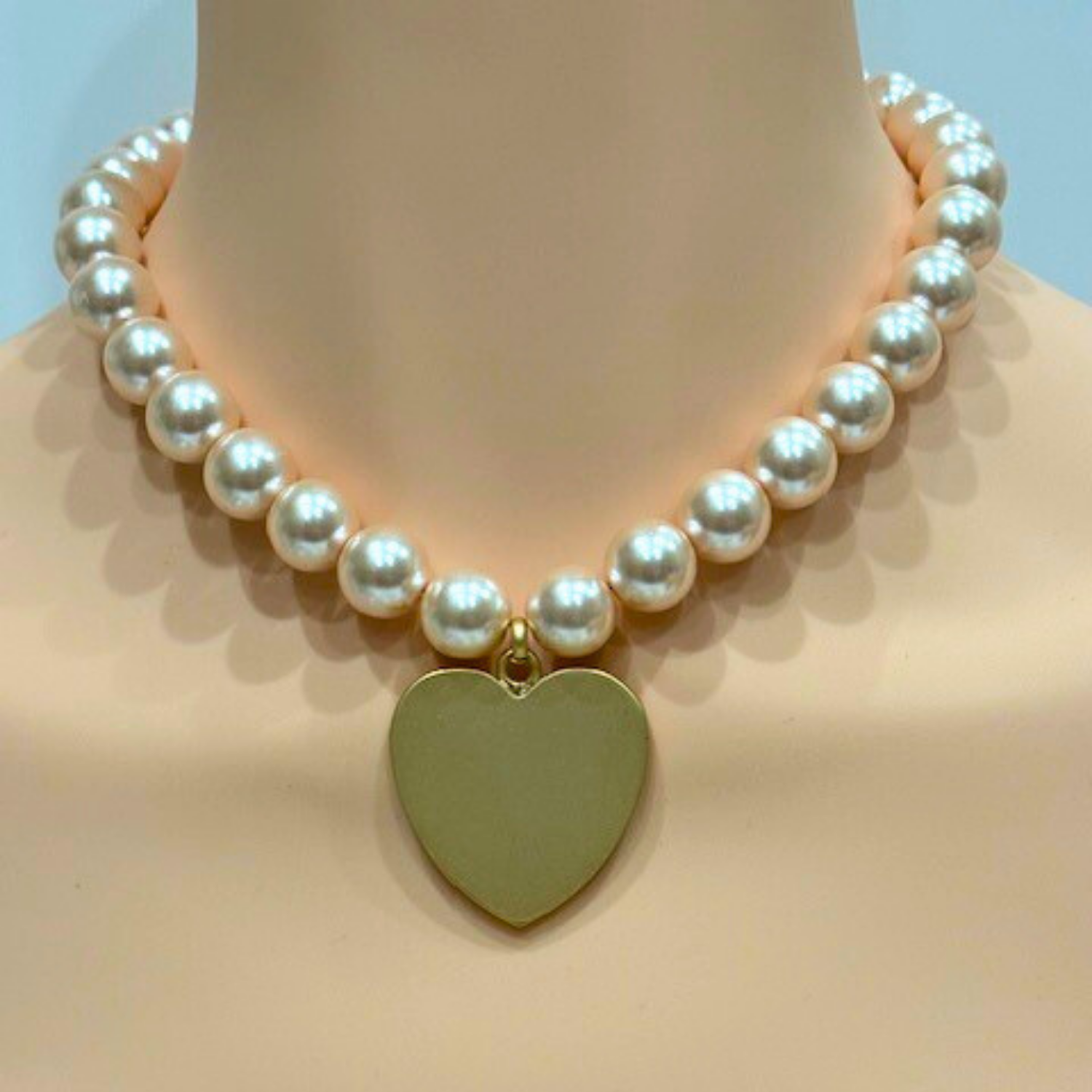 Pink 14MM Pearls With Large Matte Gold Heart Pendant