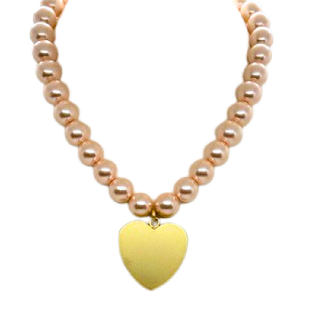 Pink 14MM Pearls With Large Matte Gold Heart Pendant