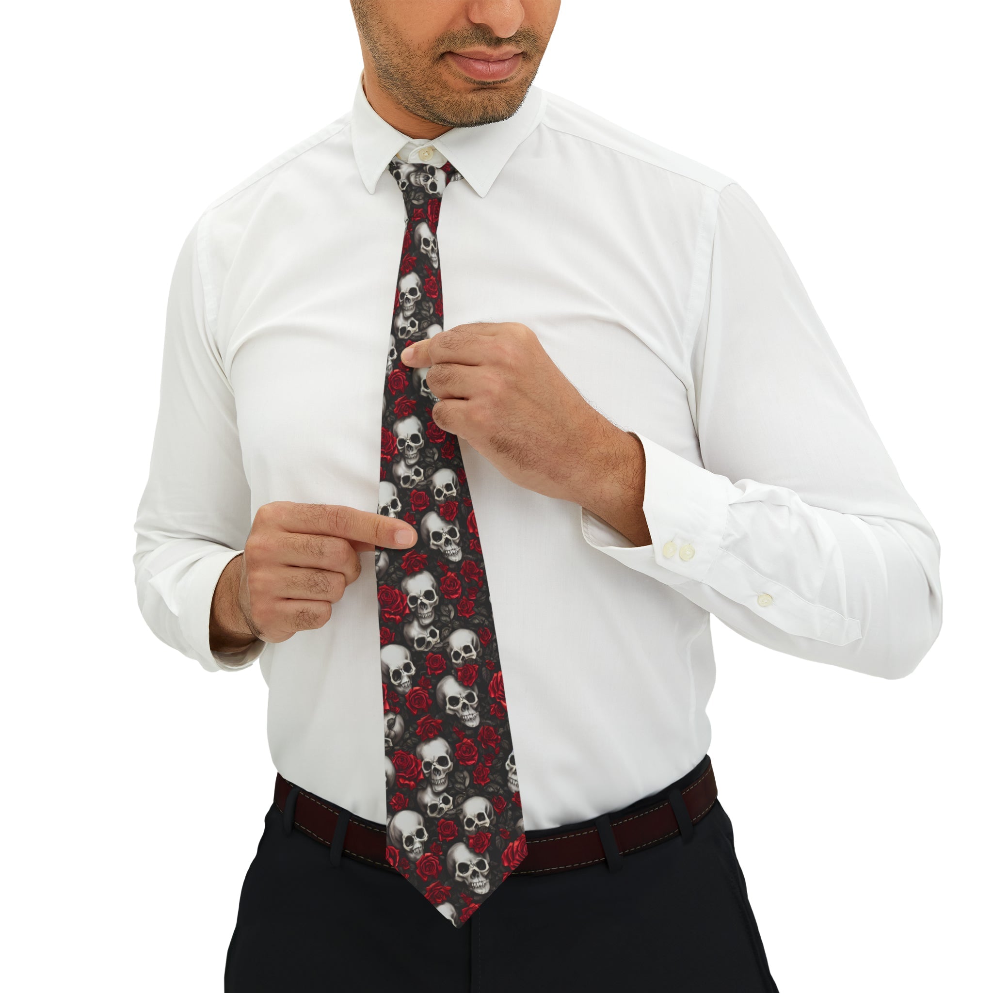 "DirkyThreadz Skull and Rose Necktie - Edgy Red and Black Design for Bold Elegance"