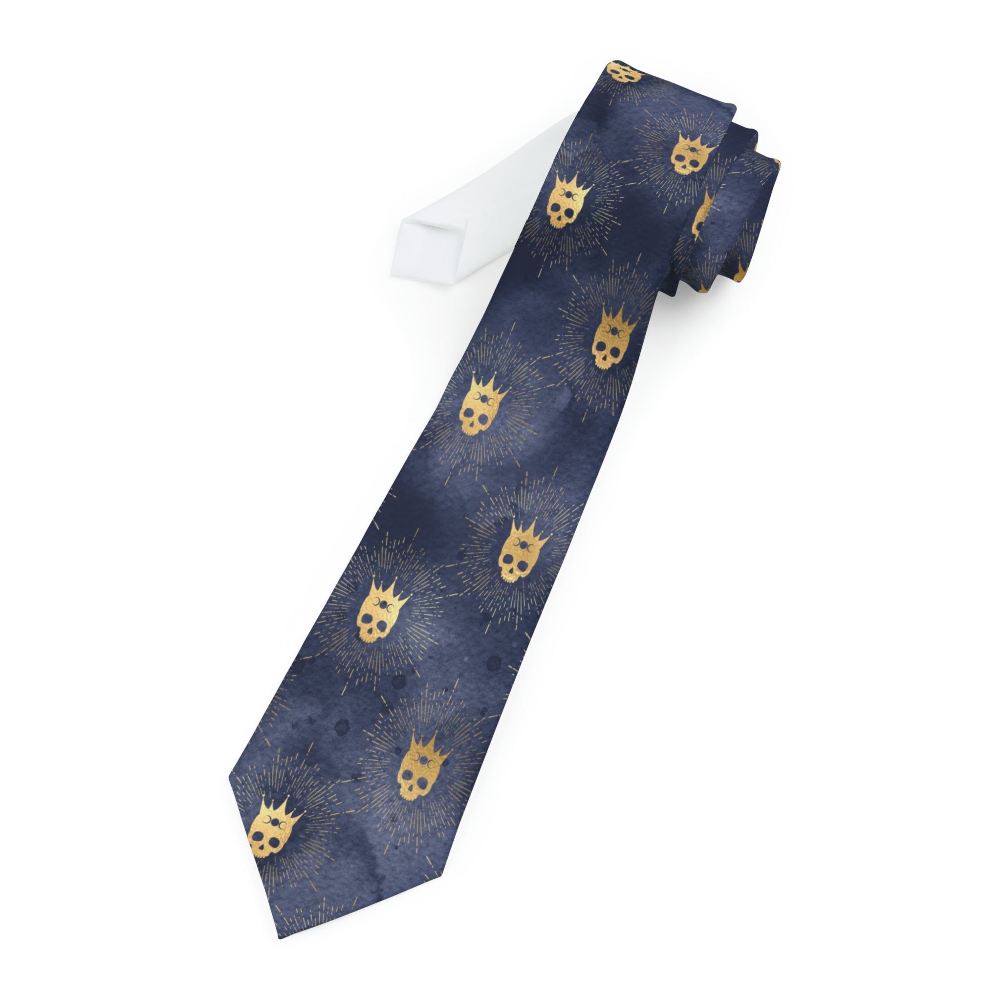 "DirkyThreadz Regal Skull Necktie - Bold and Sophisticated Gold Crown Design on Dark Blue"