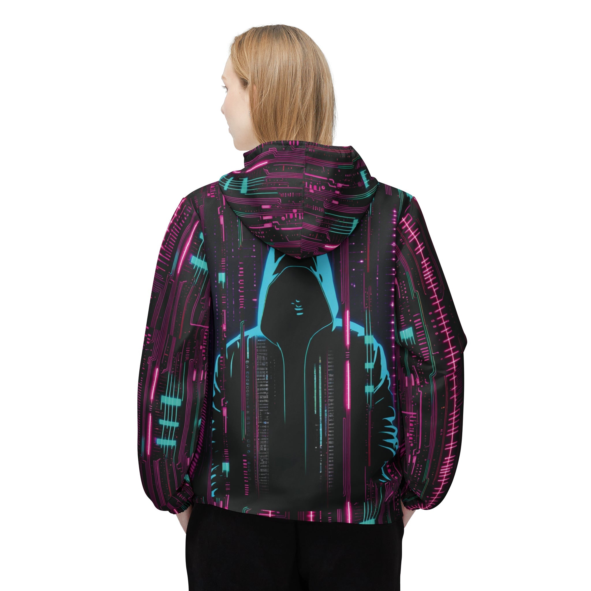 Cyberpunk Hacker Windbreaker Jacket (AOP)  #HackerChic #FashionFuturist #NerdyAndProud"