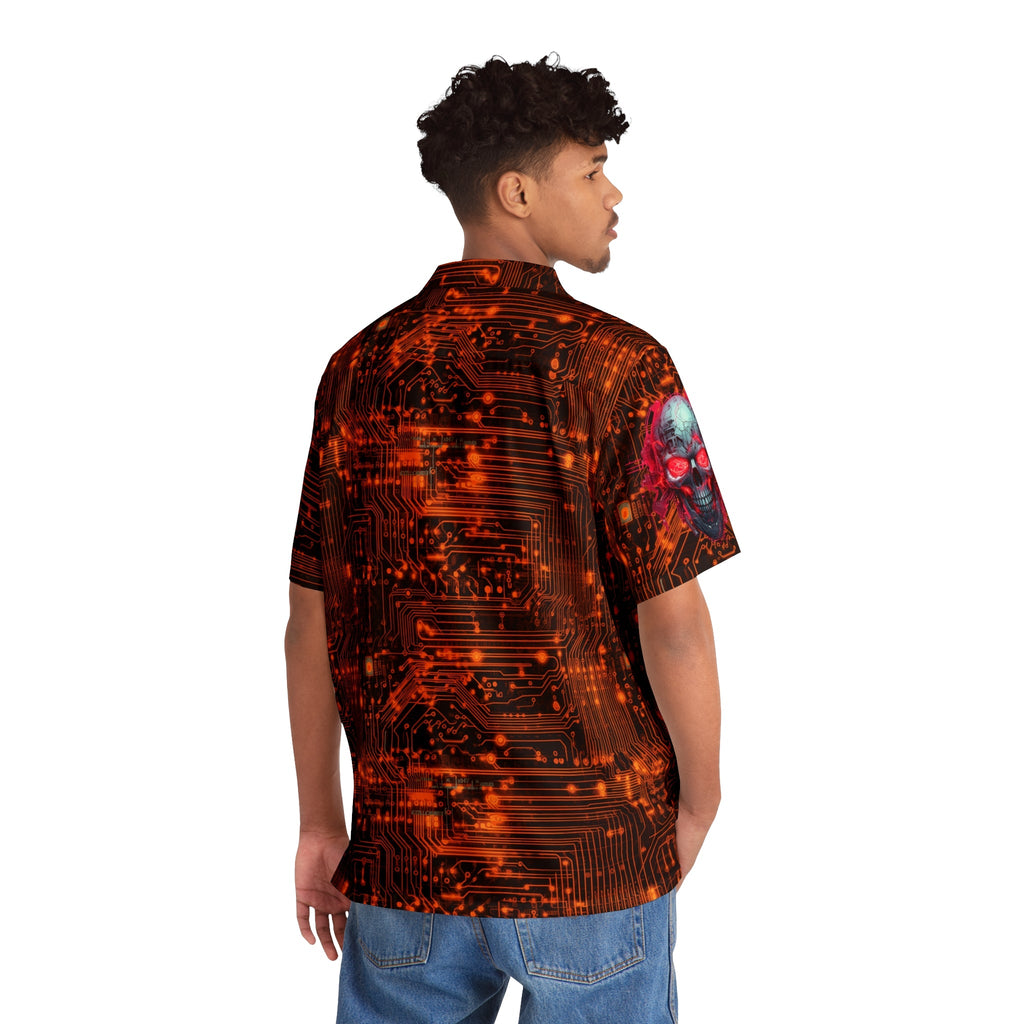 CyberPunk Cybernetic Skull breaking through a Orange Neon Circuit Board Men's Hawaiian Shirt (AOP)