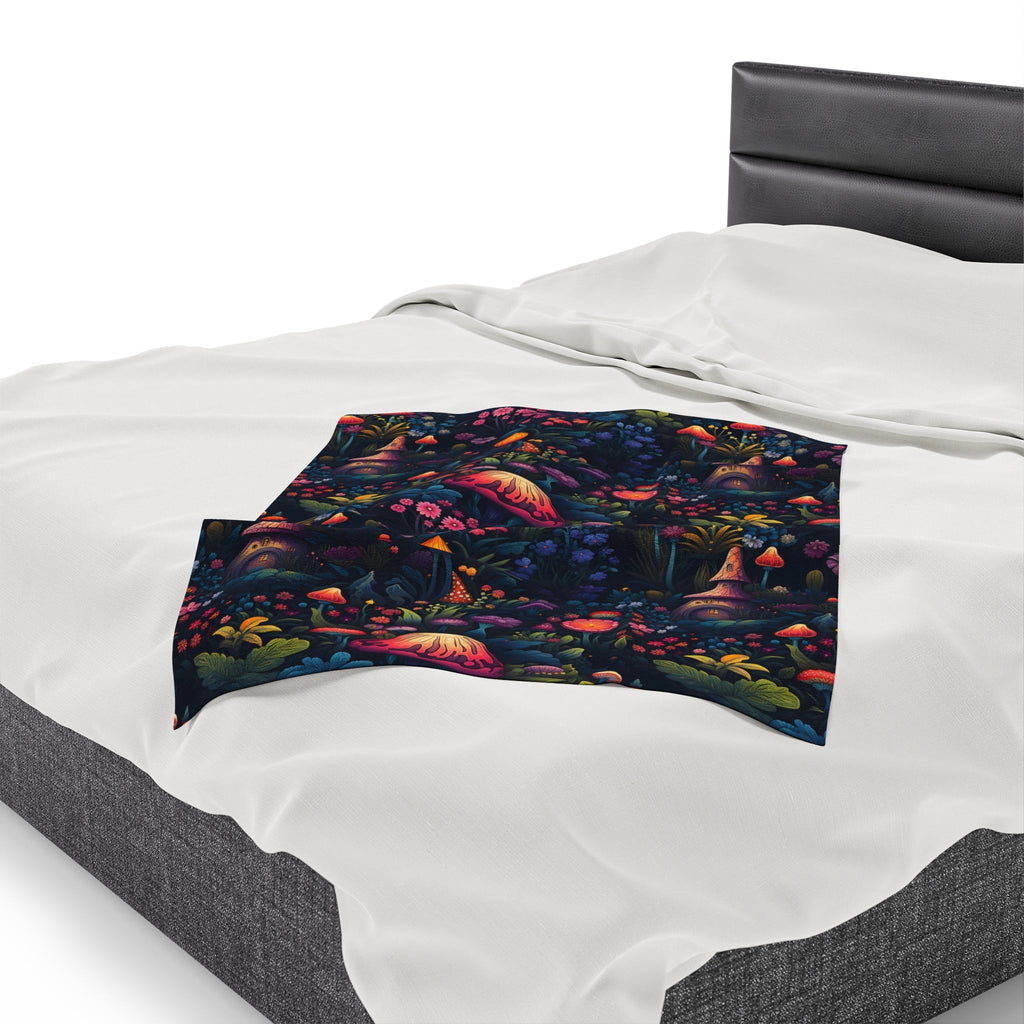 Fairy Tale Magical Forest With Colorful Mushrooms Velveteen Plush Blanket