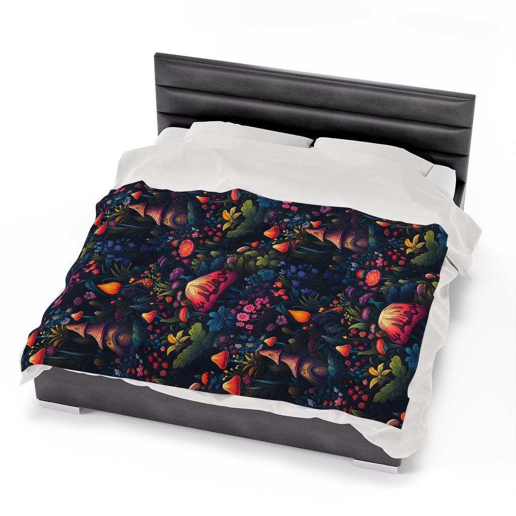 Fairy Tale Magical Forest With Colorful Mushrooms Velveteen Plush Blanket