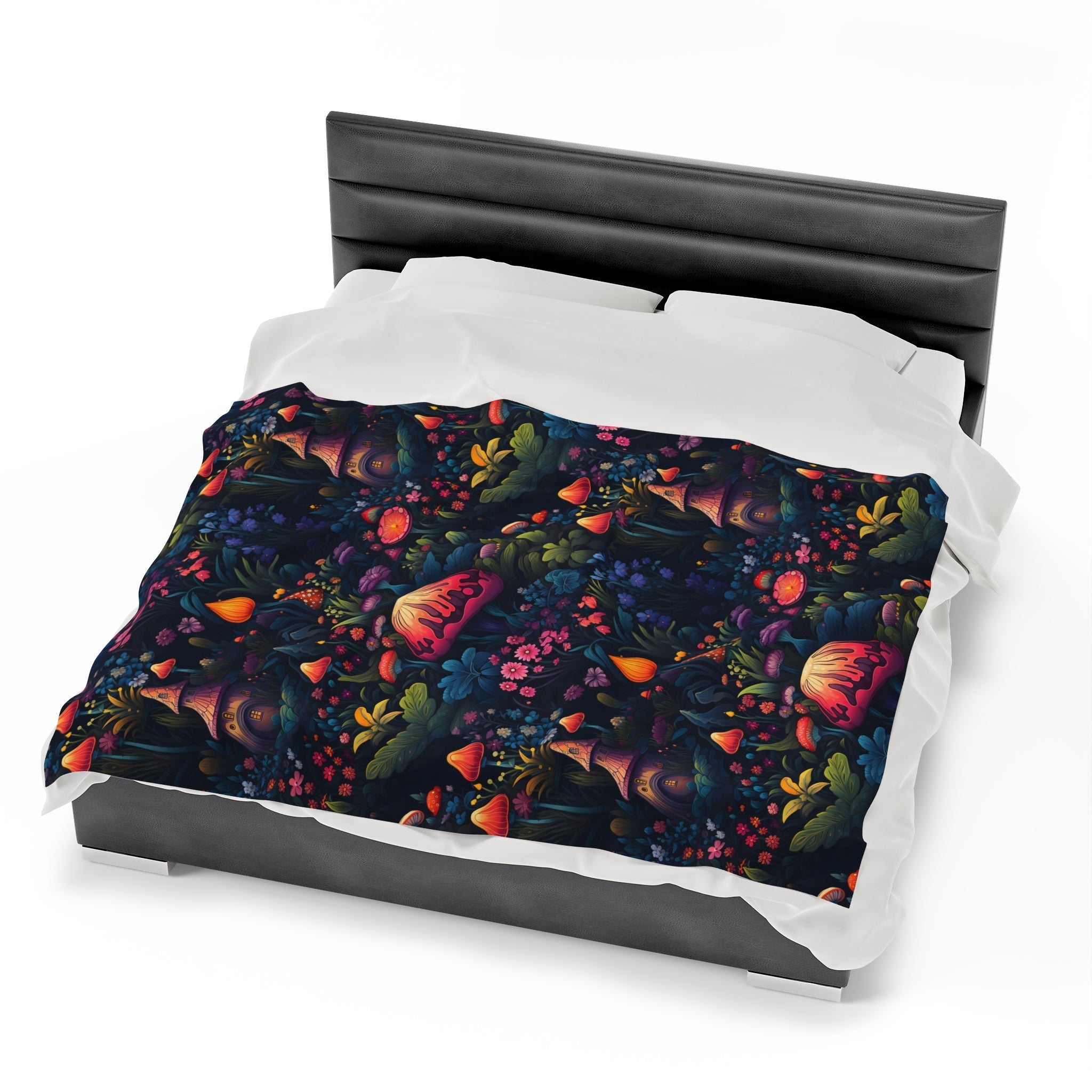 Fairy Tale Magical Forest With Colorful Mushrooms Velveteen Plush Blanket