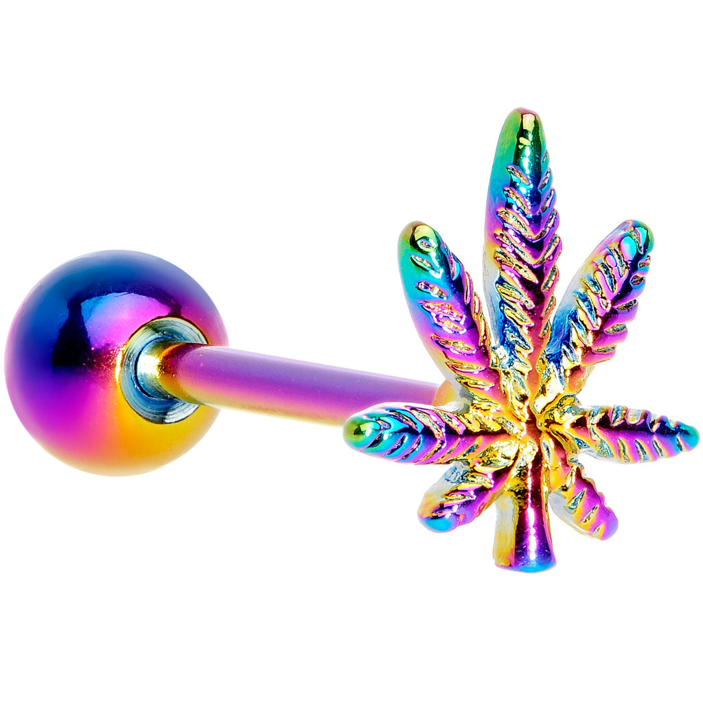 Rainbow Titanium Anodized 3-D Pot Leaf Barbell Tongue Ring