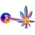 Rainbow Titanium Anodized 3-D Pot Leaf Barbell Tongue Ring