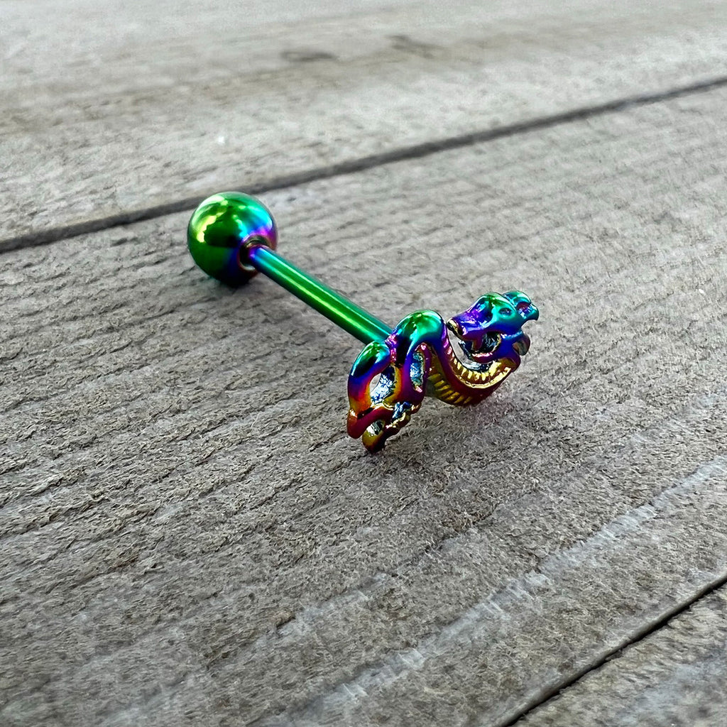 Rainbow Titanium Anodized 3-D Dragon  Barbell Tongue Ring