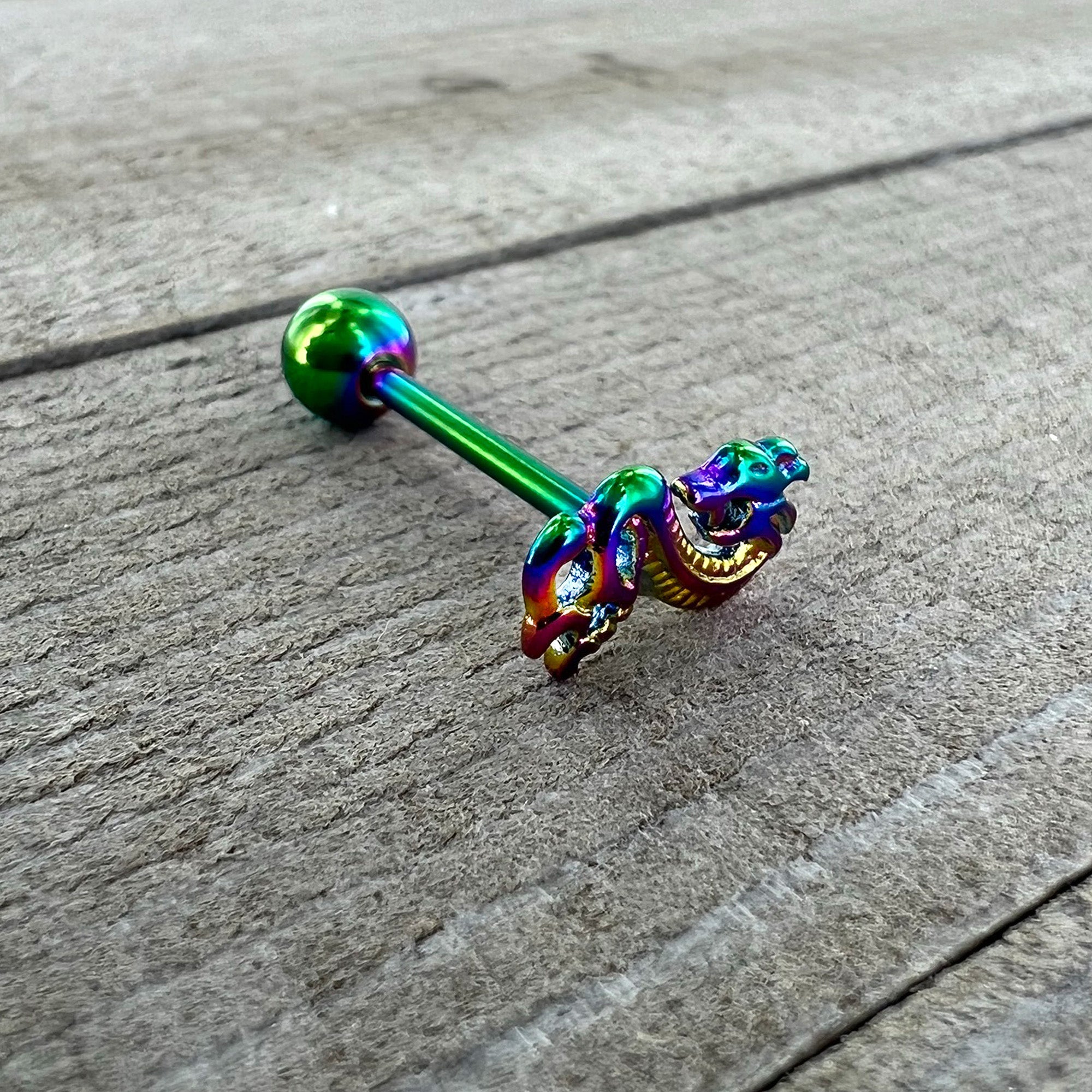 Rainbow Titanium Anodized 3-D Dragon  Barbell Tongue Ring