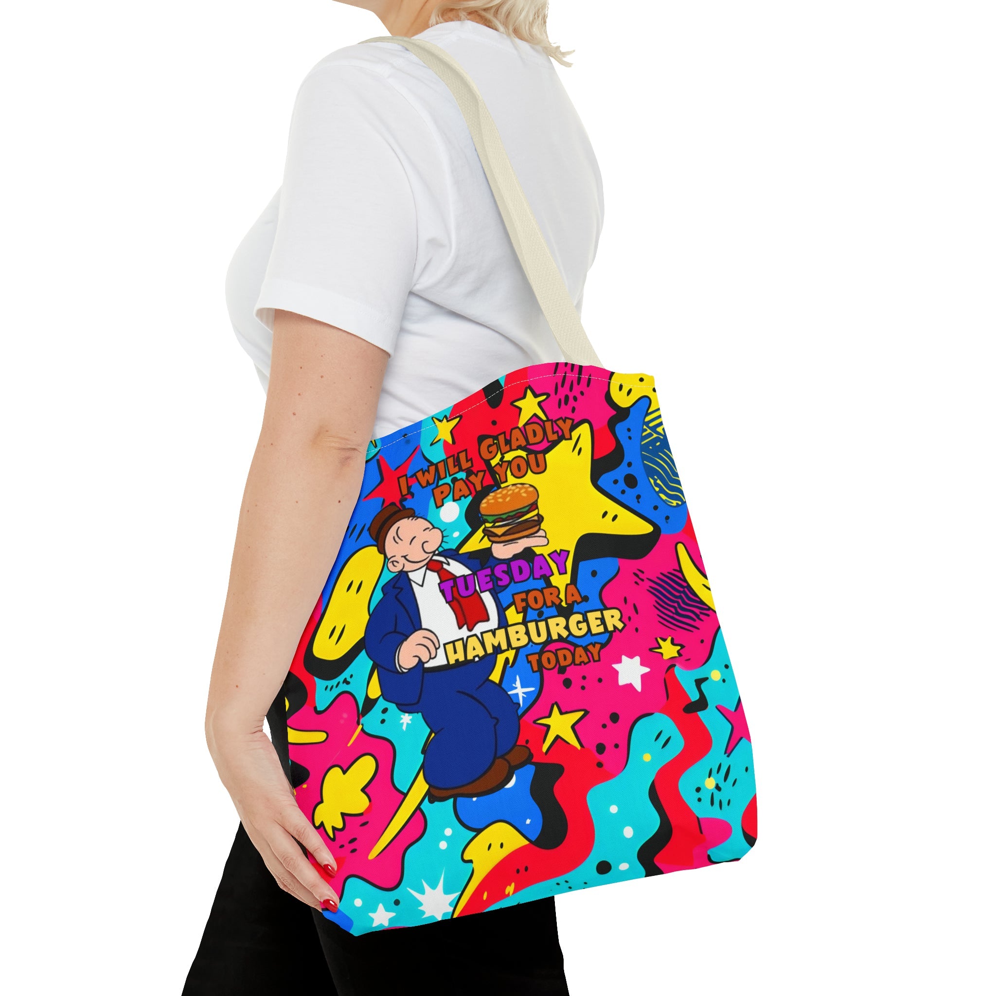 Abstract Comic Pop  AOP Tote Bag featuring Wimpy and his beloved hamburger