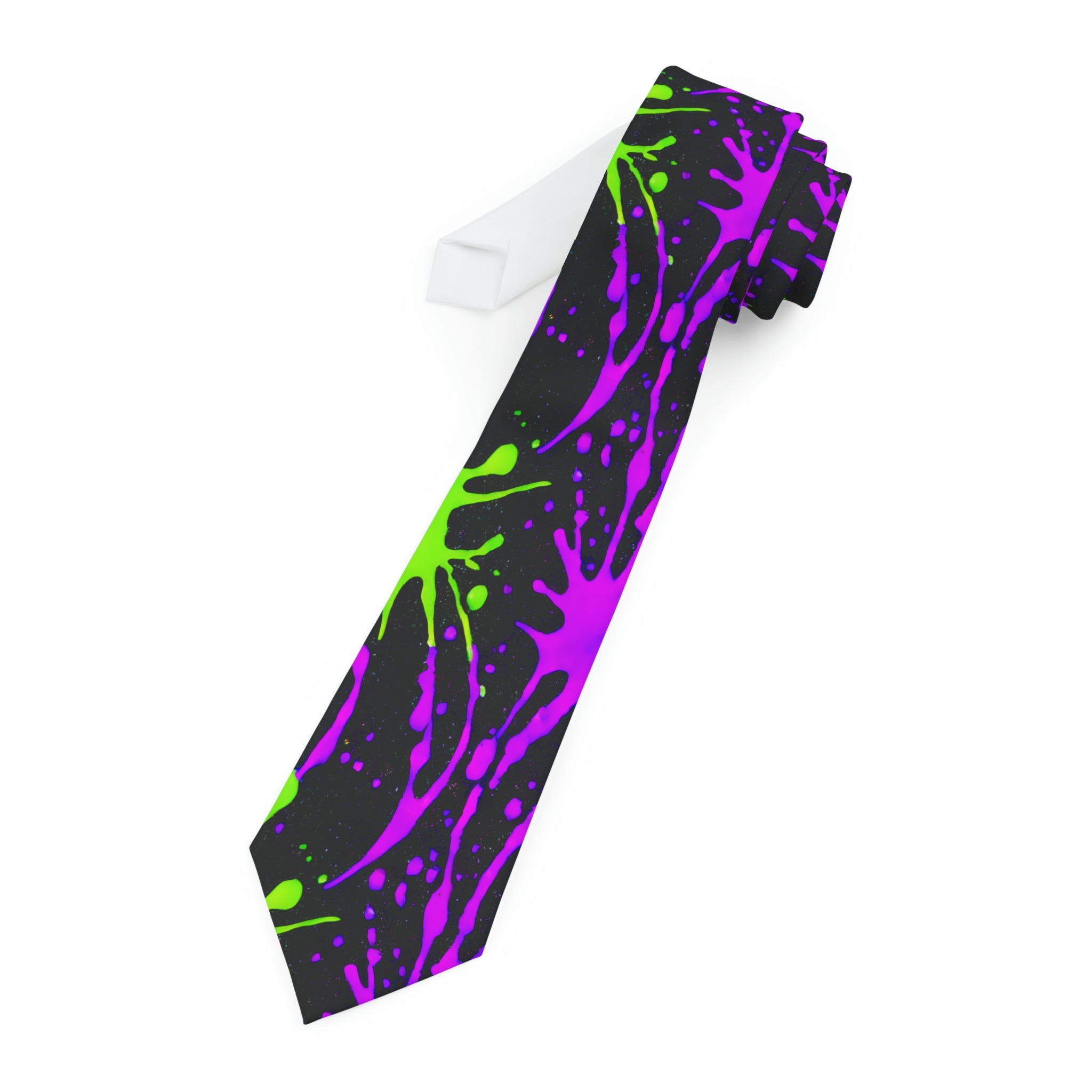 "DirkyThreadz Neon Splatter Necktie - Bold Green & Purple Artistic Design"
