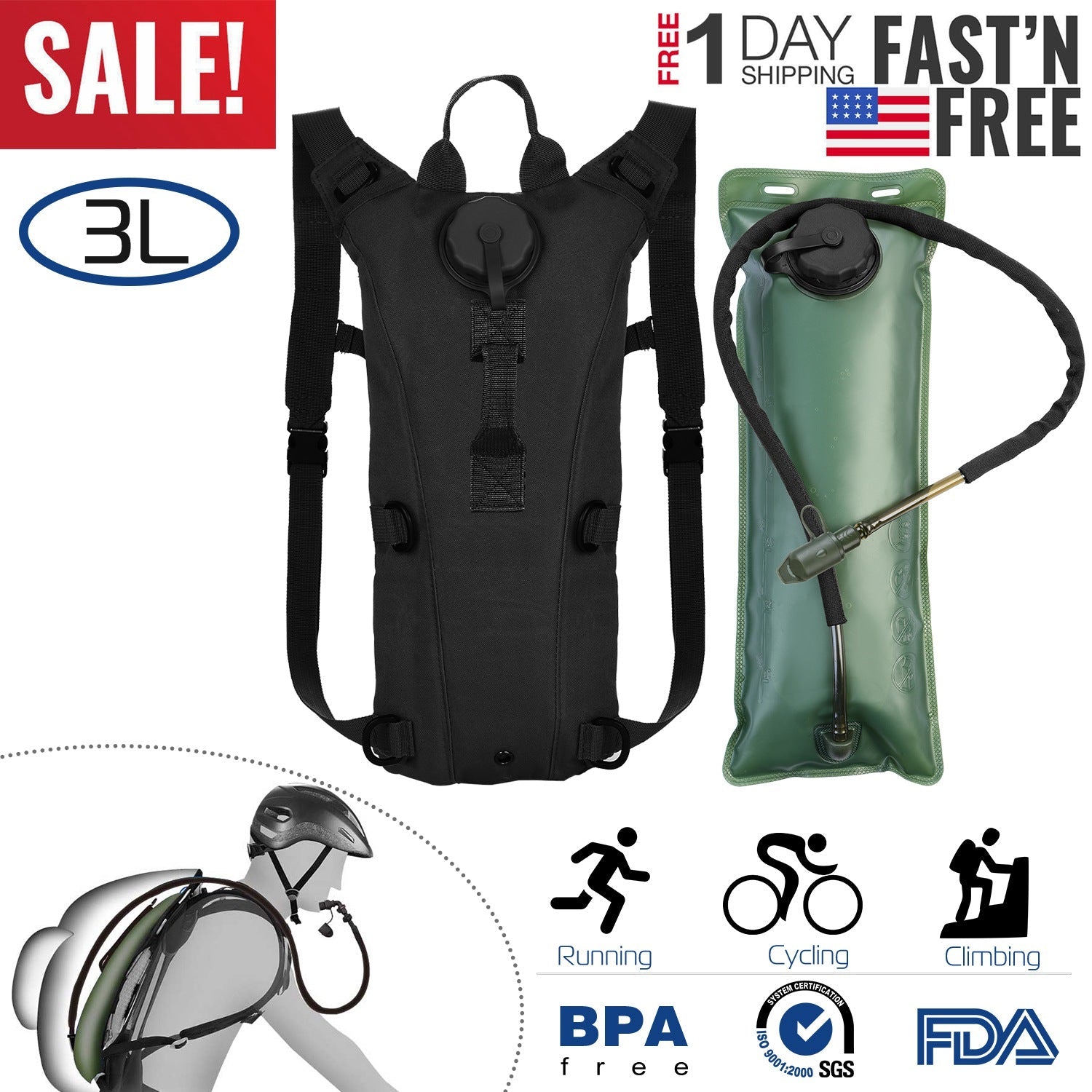 iMounTEK Tactical Hydration Pack 3L Water Bladder Adjustable Water Drink Backpack for Hiking Cycling Climbing Running