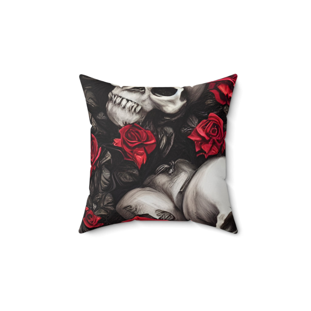 Hyper Realistic Skulls and Red Roses by artist Anne-Laure Goupil Spun Polyester Square Pillow