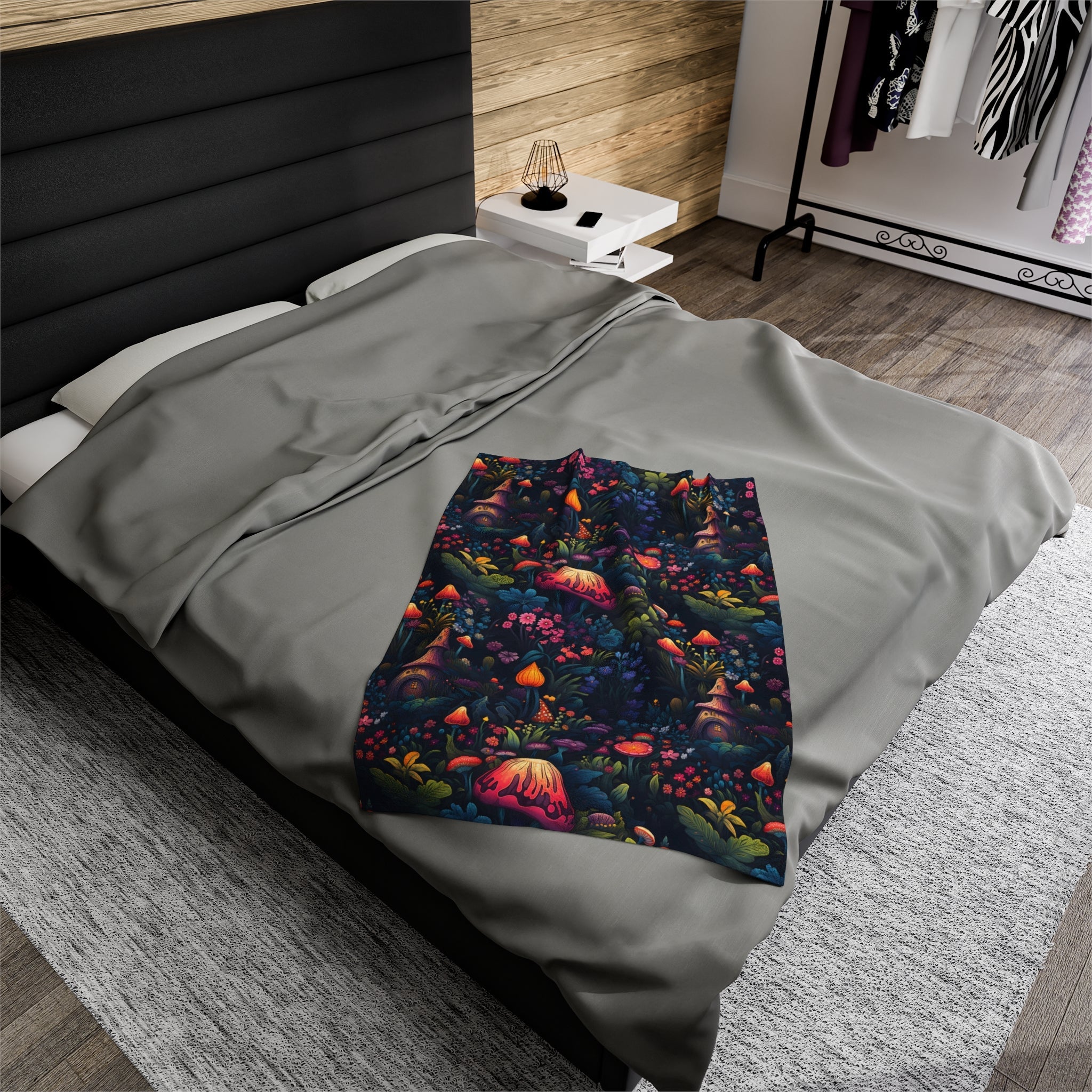 Fairy Tale Magical Forest With Colorful Mushrooms Velveteen Plush Blanket