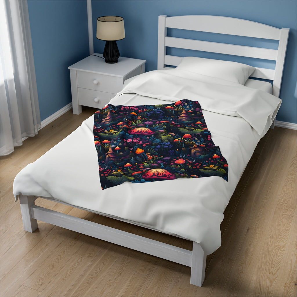 Fairy Tale Magical Forest With Colorful Mushrooms Velveteen Plush Blanket