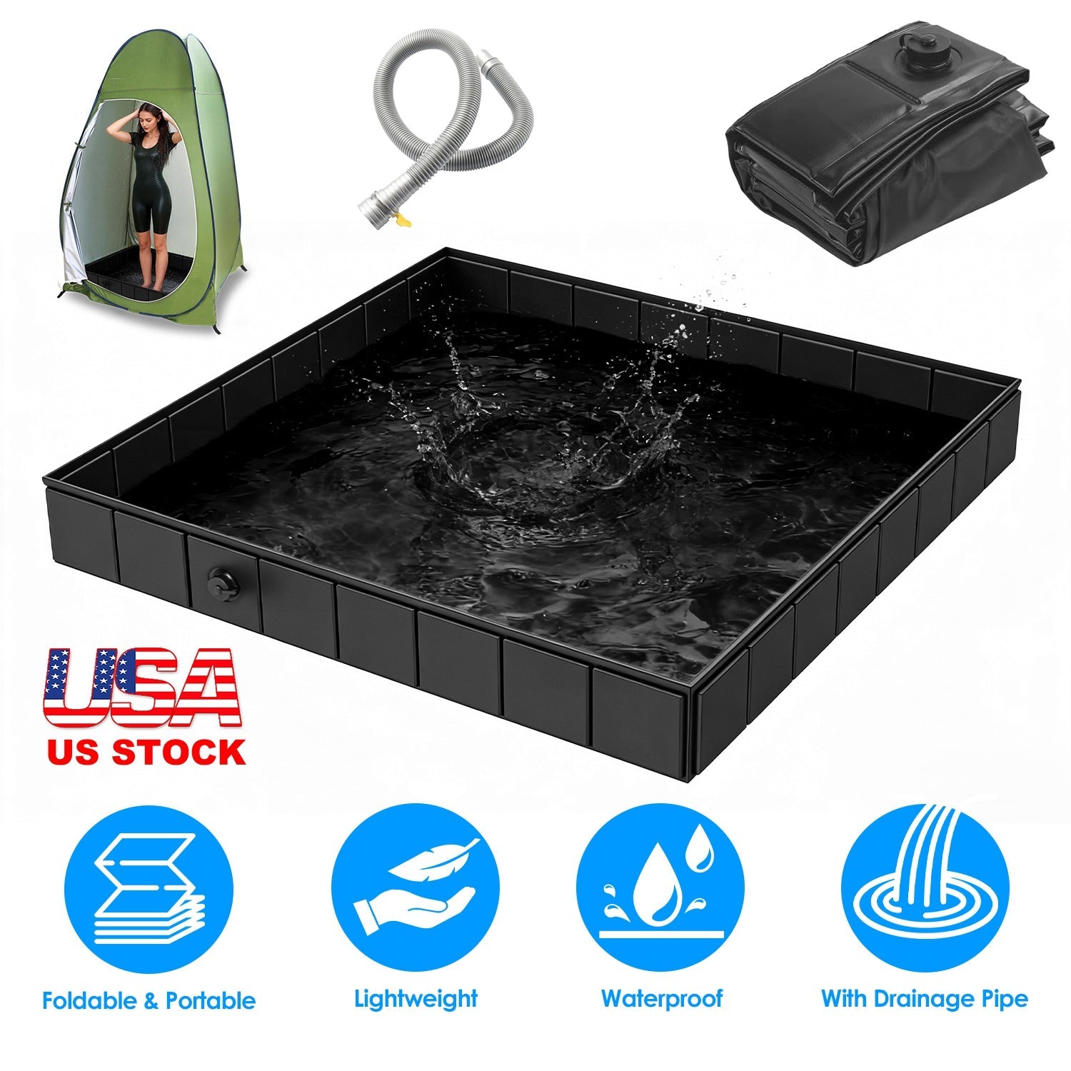 41x41x5.5in Portable Shower Pan Foldable Shower Basin Collapsible Camping Shower Tent Base with Detachable Drain Pipe for Indoor & Outdoor
