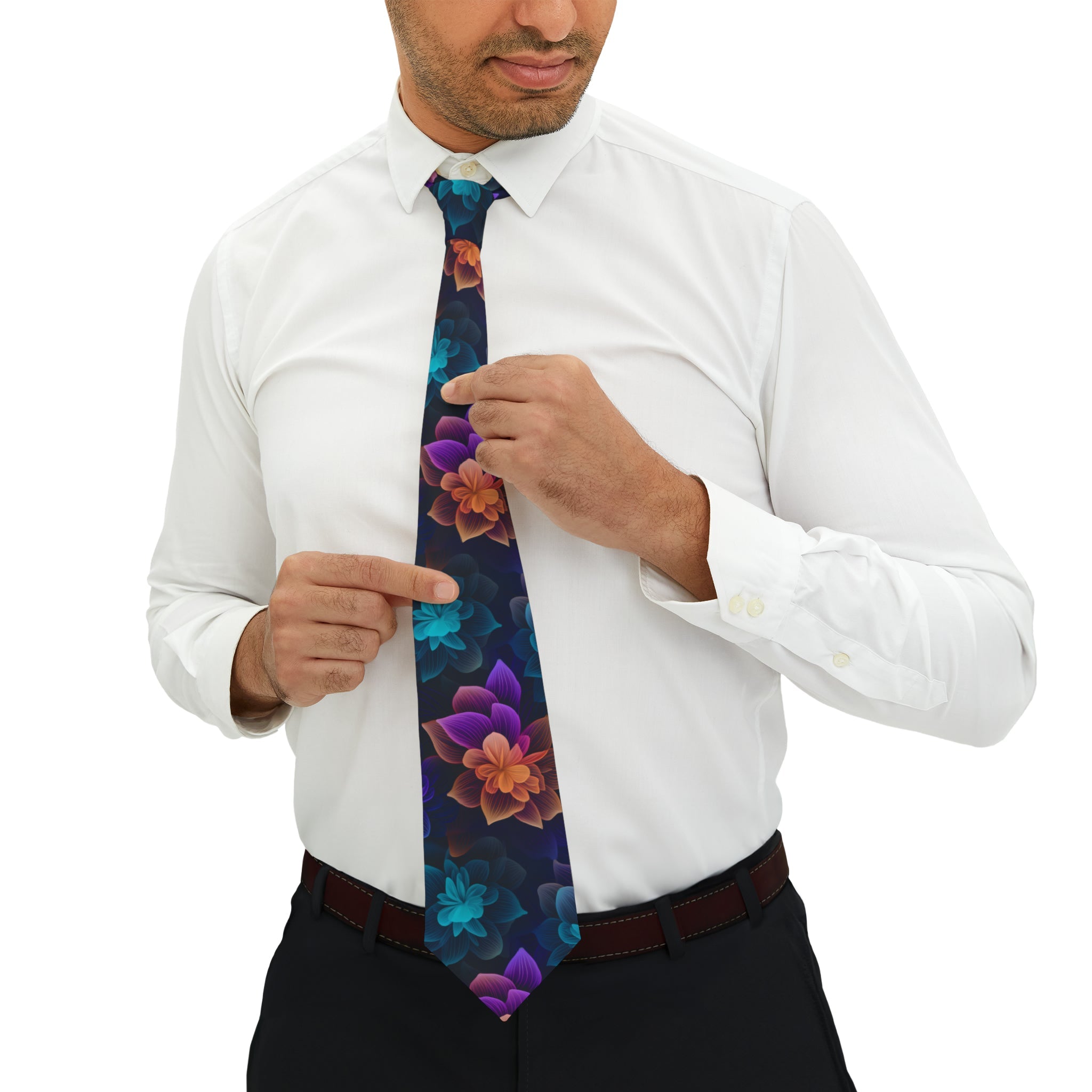 "DirkyThreadz Vibrant Blossom Necktie - Bold Purple, Orange & Blue Floral Design"