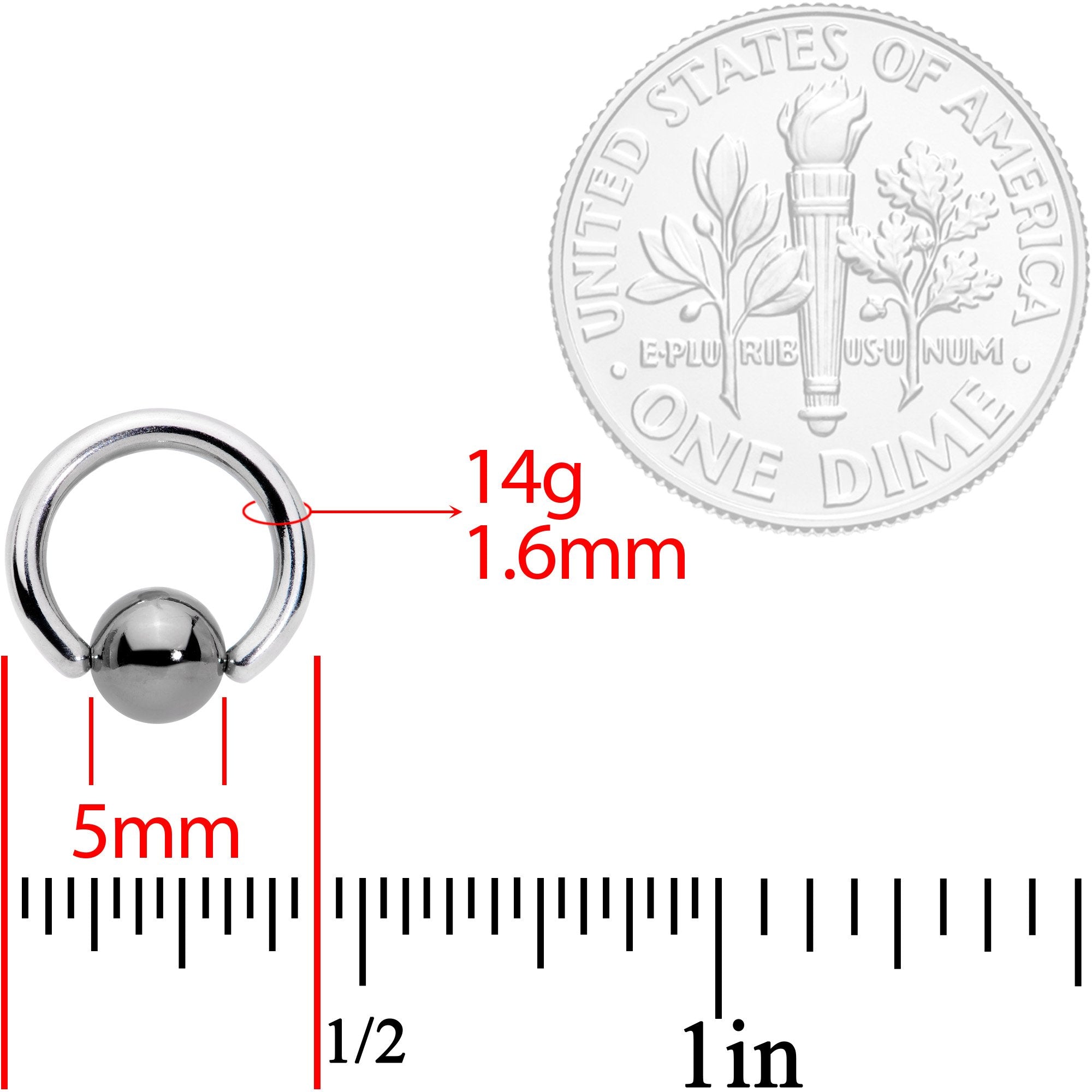 14G BCR Hematite Captive Ring 5/16 5mm