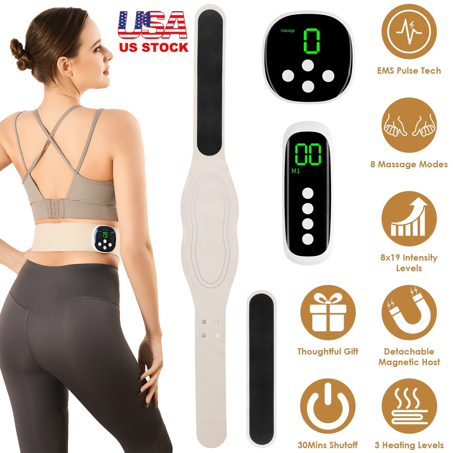 EMS Lower Back Massager Heating Pad Cordless Heating Pad for Back Belly Waist with Remote Magnetic Host 8 Modes 19 Intensity Levels 3 Heating Levels