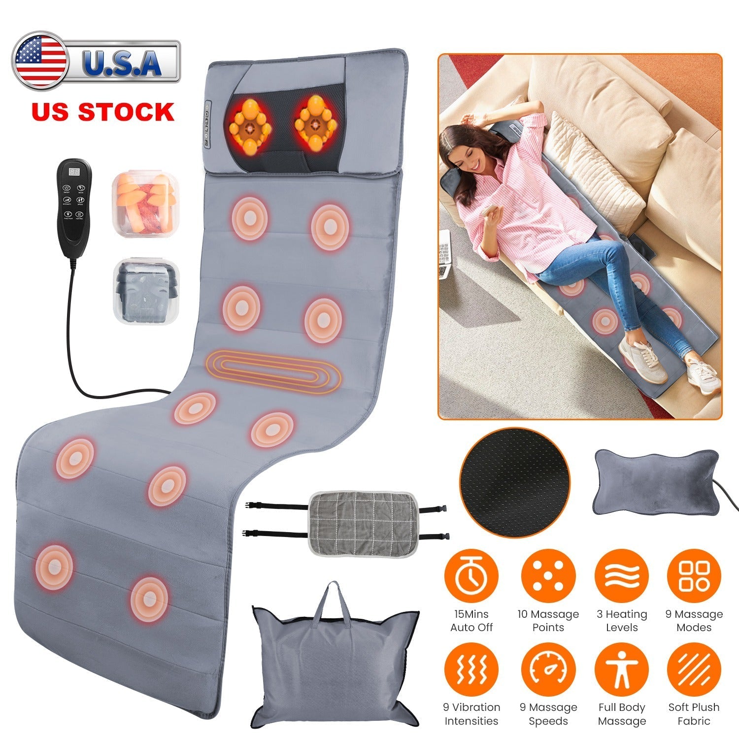 Full Body Electric Massage Mat with Heat Vibration Massage Pad Cushion Back Massage Mattress Chair Pad with Neck Massage Pillow with 10 Vibration Moto