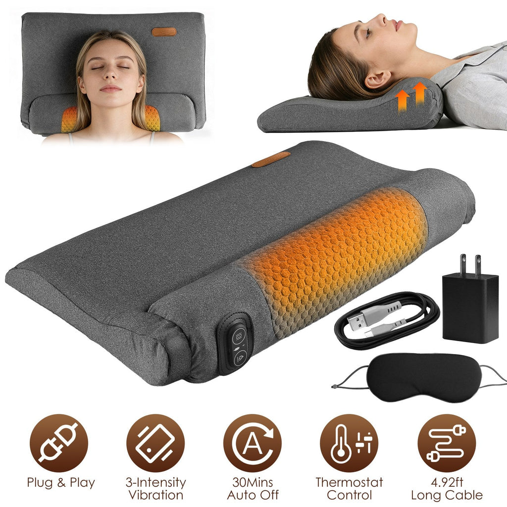 Neck Massager Pillow Ergonomic Massager Memory Foam Pillow with 3-Level Heating 3-Intensity Vibration 30Min Timer for Neck Back Shoulder Pain Relief