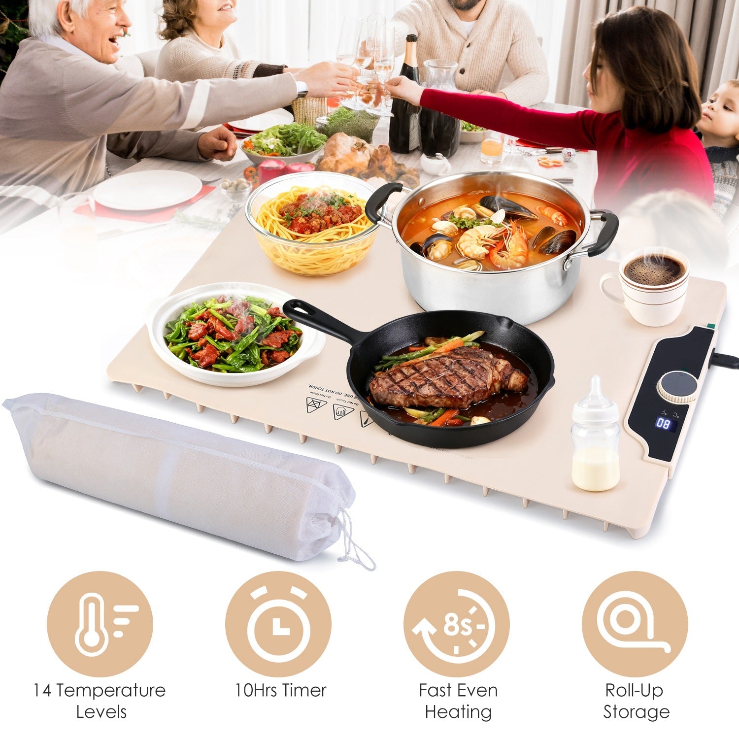 Food Warming Mat 23.6X15.8In 300W Fast Heating Electric Silicone Food Warmer With 14 Temp Levels 10Hrs Timer Settings Roll-Up Portable Hot Plates Heat