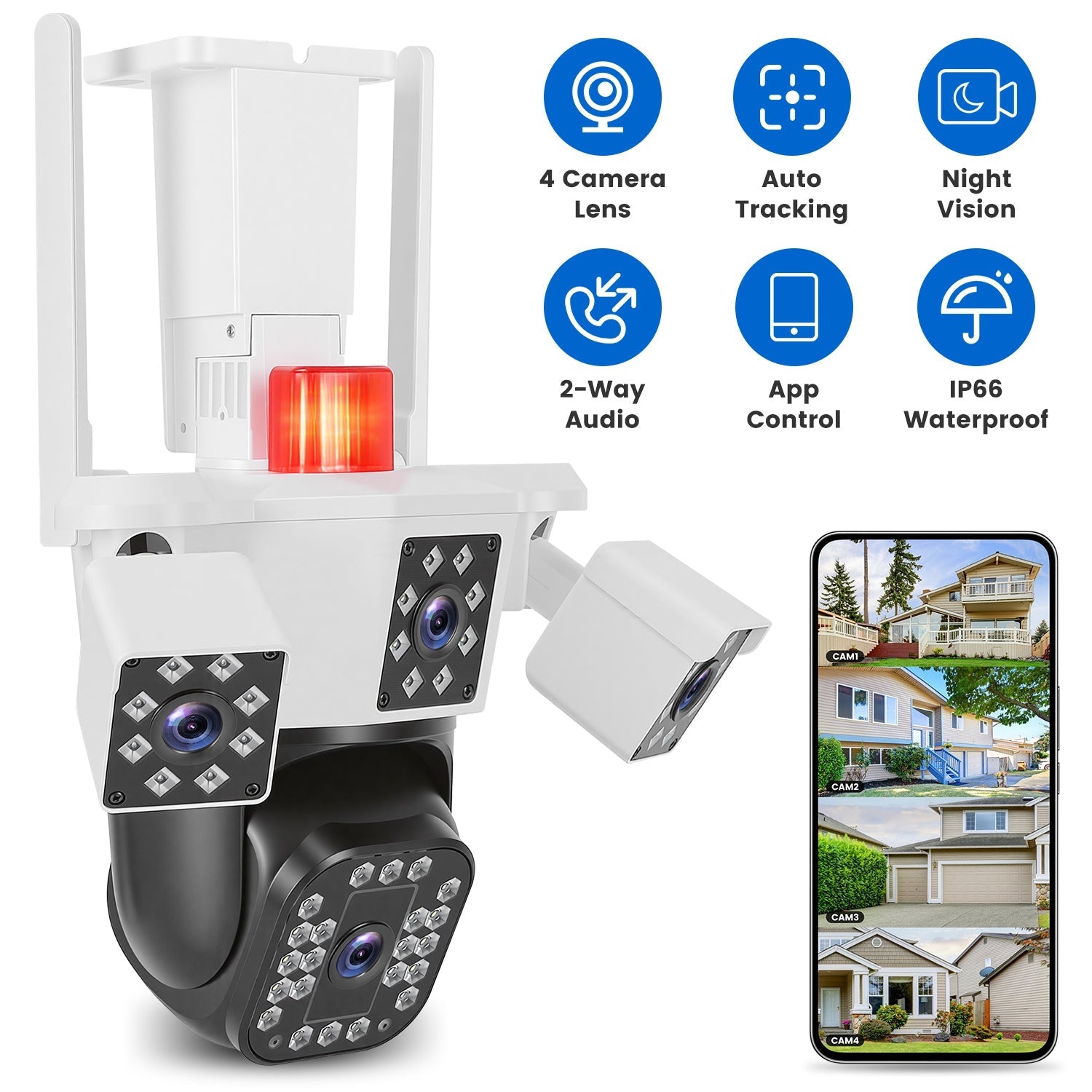 1080P HD 4-Lens Security Camera 360° View WiFi Pan & Tilt Surveillance Camera With Full Color Night Vision Auto Motion Tracking 2-Way Audio Spotlights