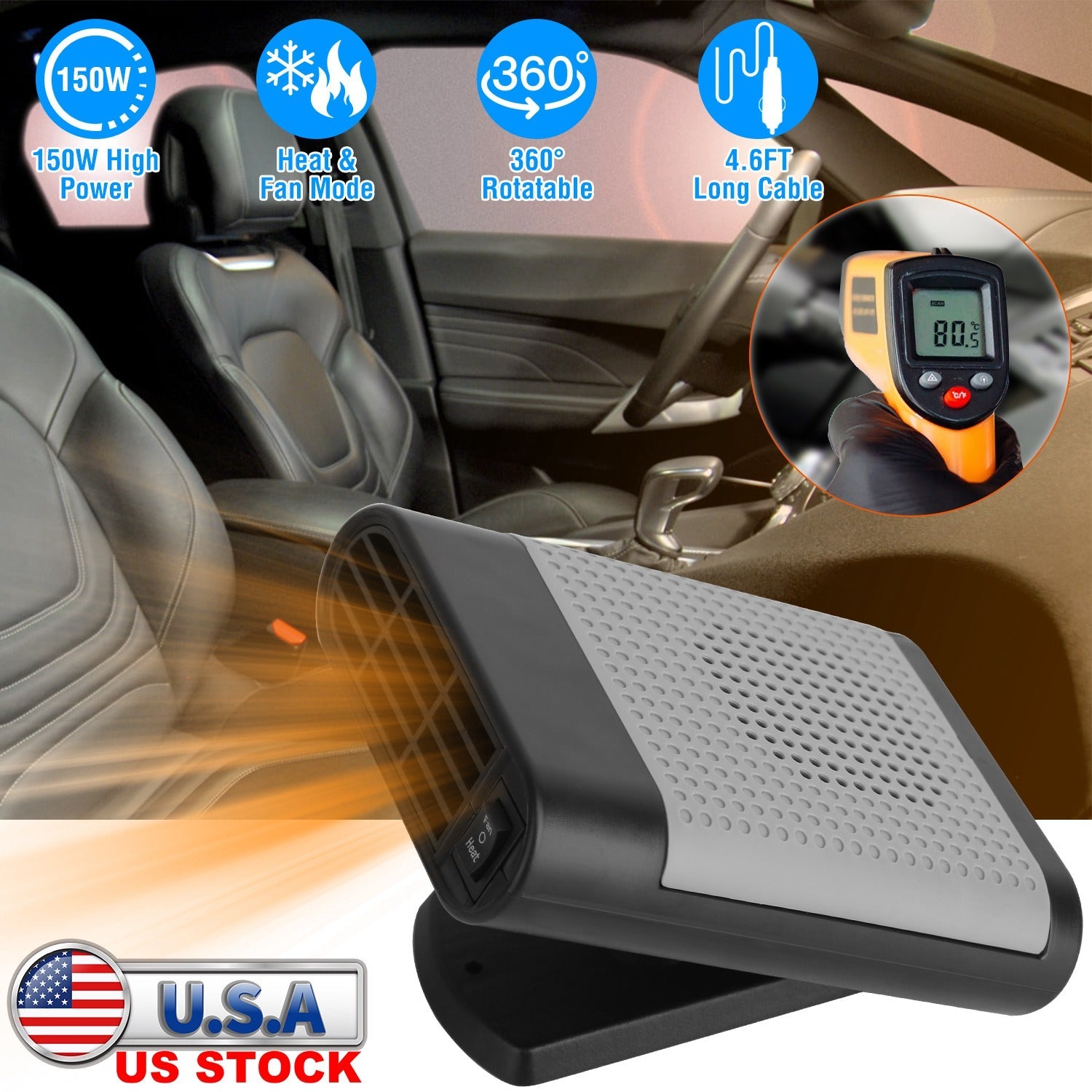 12V 150W Portable Car Heater Heating Fan 2 in 1 Defroster Defogger Demister Windshield Heater Automotive Cooling Fan with 360°Rotating Base