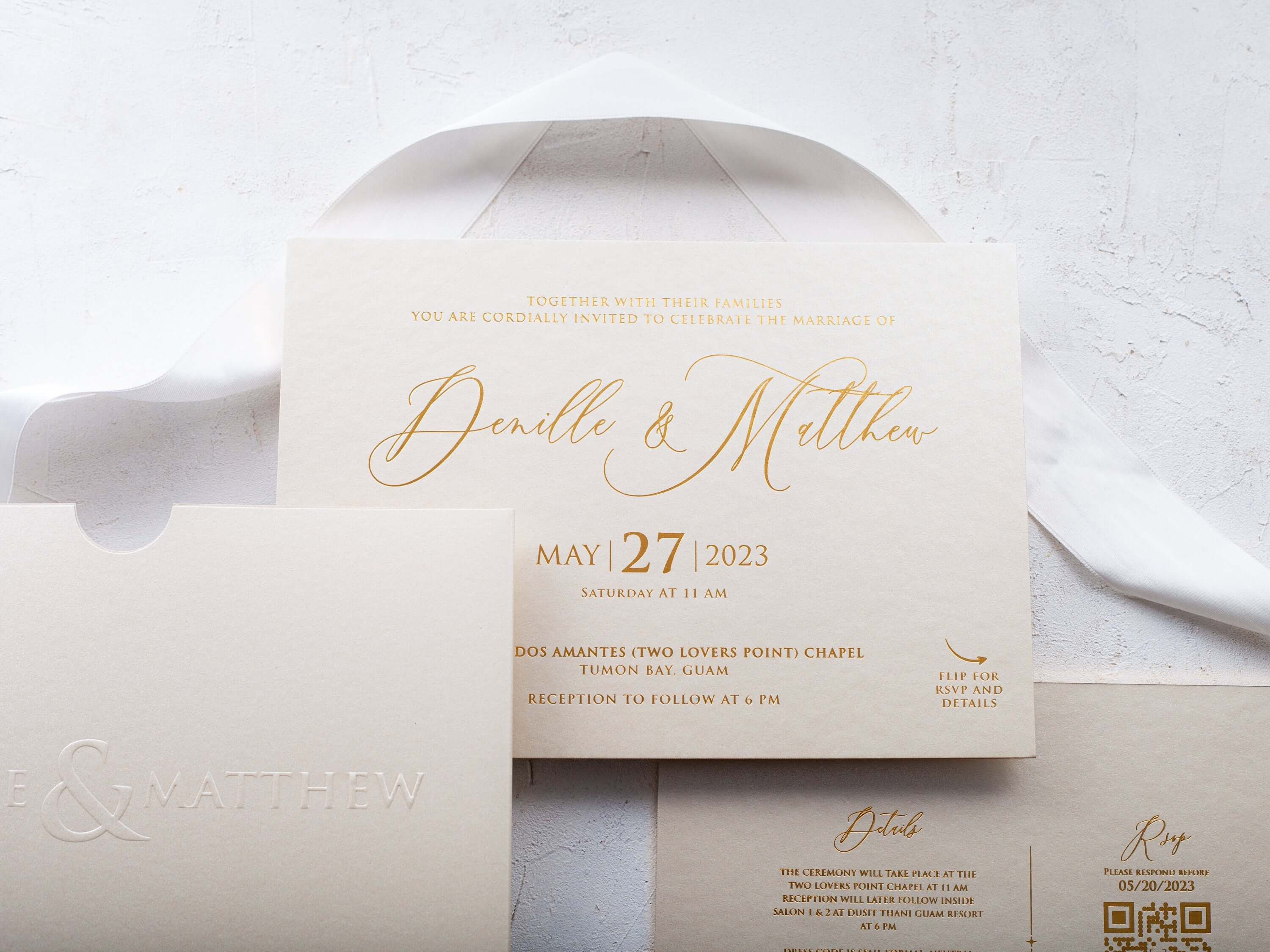 Ivory and Gold Embossed Wedding Invitations - Elegant Stationery Set