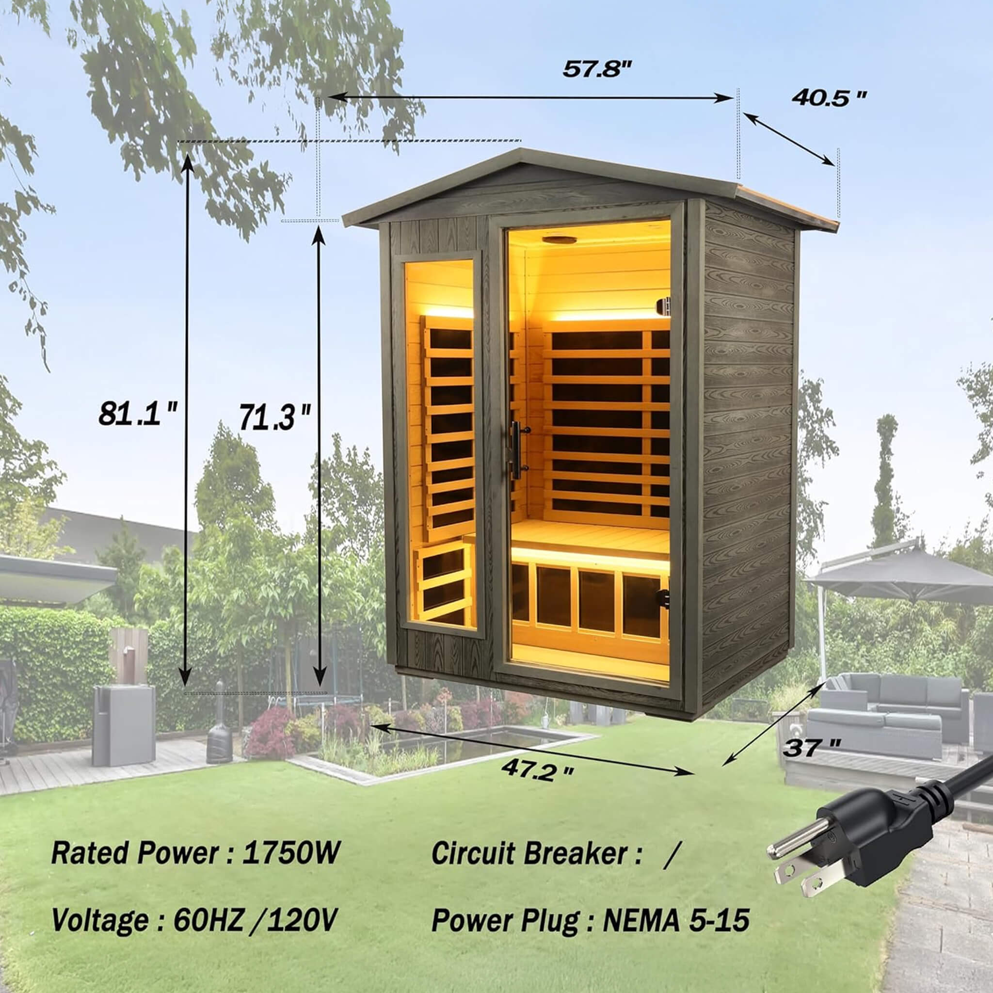 Thermora Riva Premium 2-Person Black Carbonized Walnut Low EMF Far Infrared Outdoor Sauna With Bluetooth Audio And LED Lighting (SAK16850)
