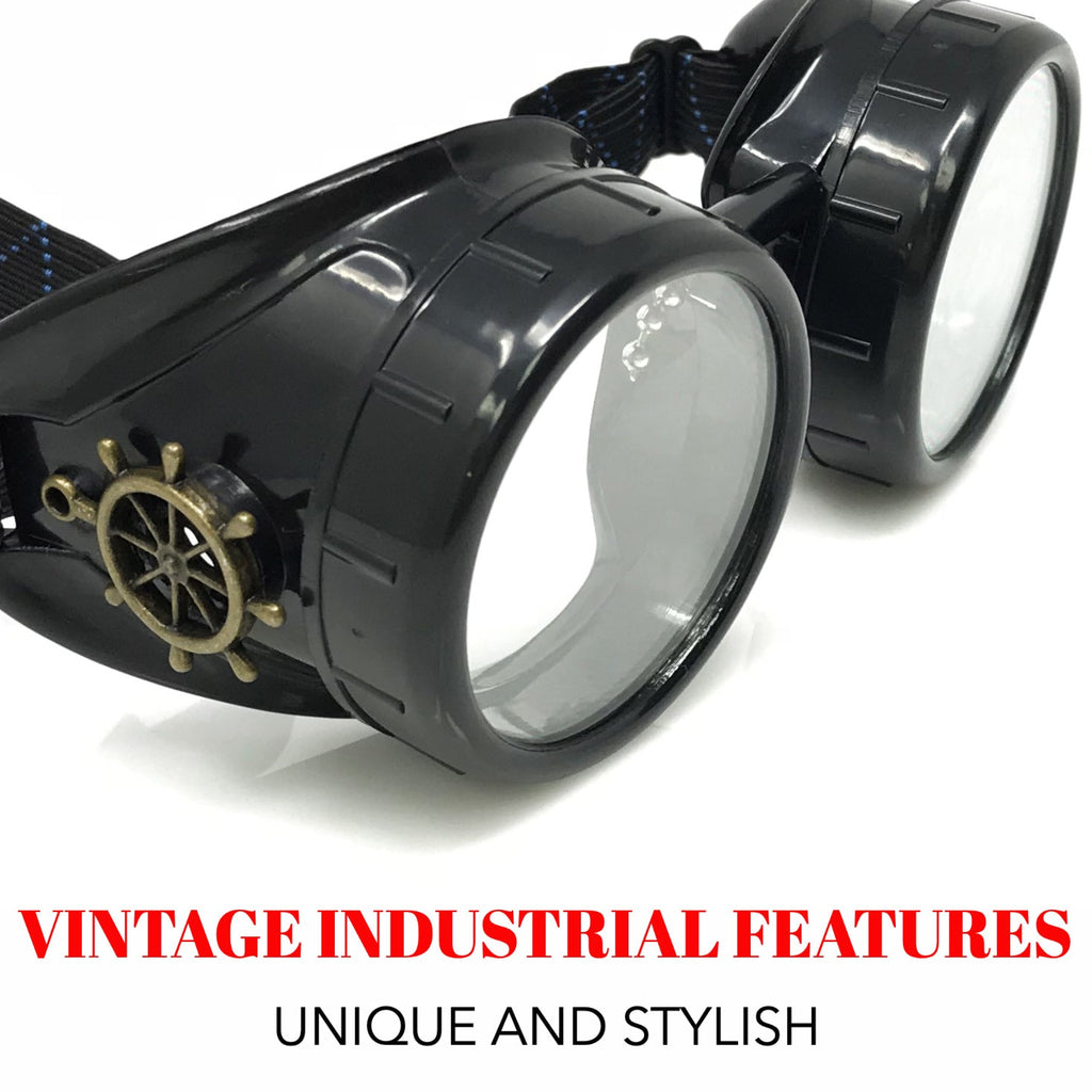 Mad Scientist Steampunk Goggles – Retro Industrial Cosplay Eyewear - red, blue, clear, green lenses