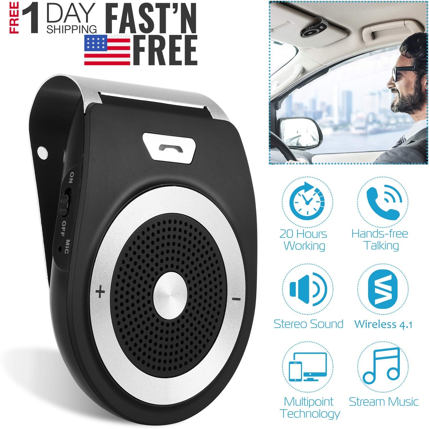 Car Wireless Speakerphone Wireless V4.1 In-Car Speaker Hands-free Calling Music Player Sun Visor Audio Receiver Car Kit
