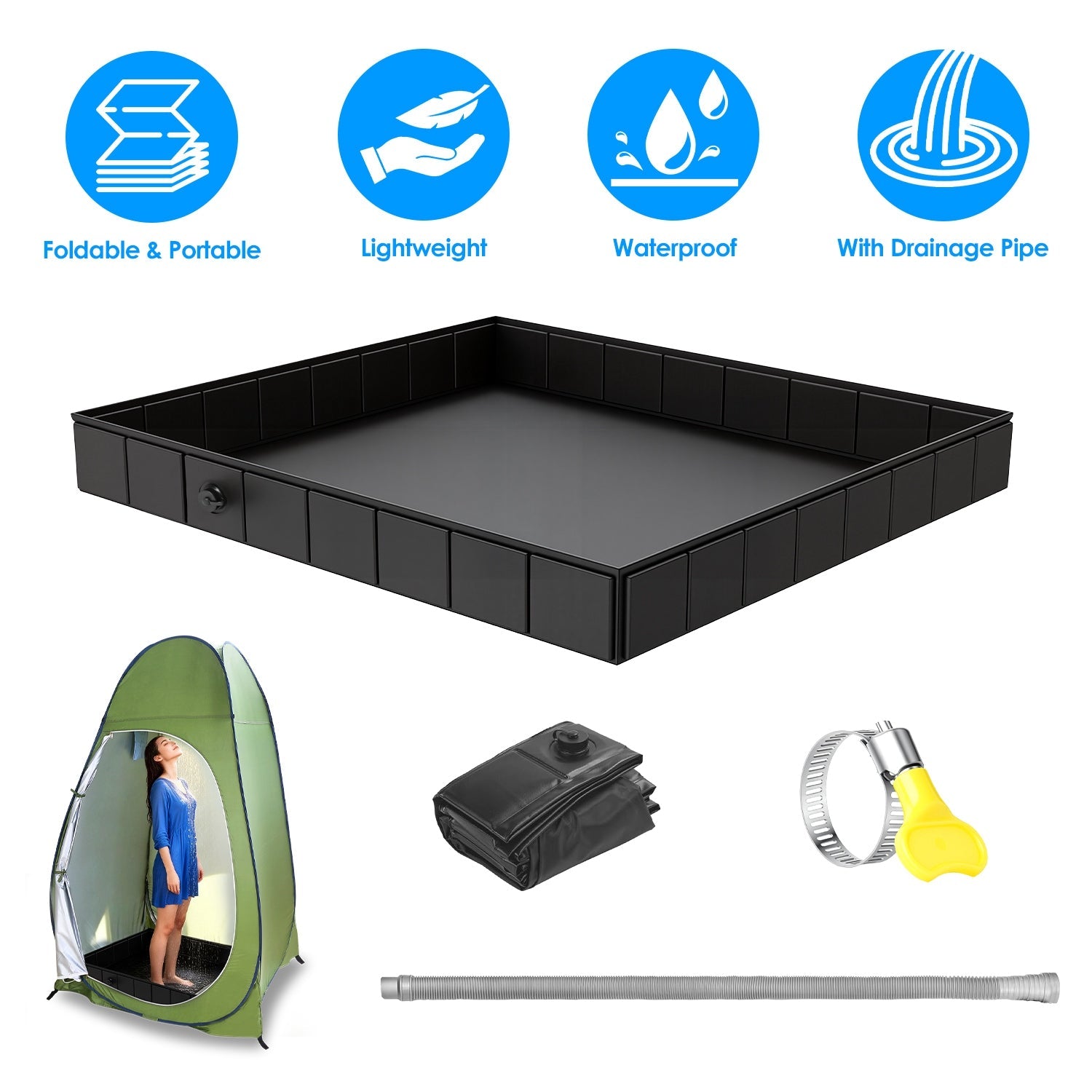 41x41x5.5in Portable Shower Pan Foldable Shower Basin Collapsible Camping Shower Tent Base with Detachable Drain Pipe for Indoor & Outdoor
