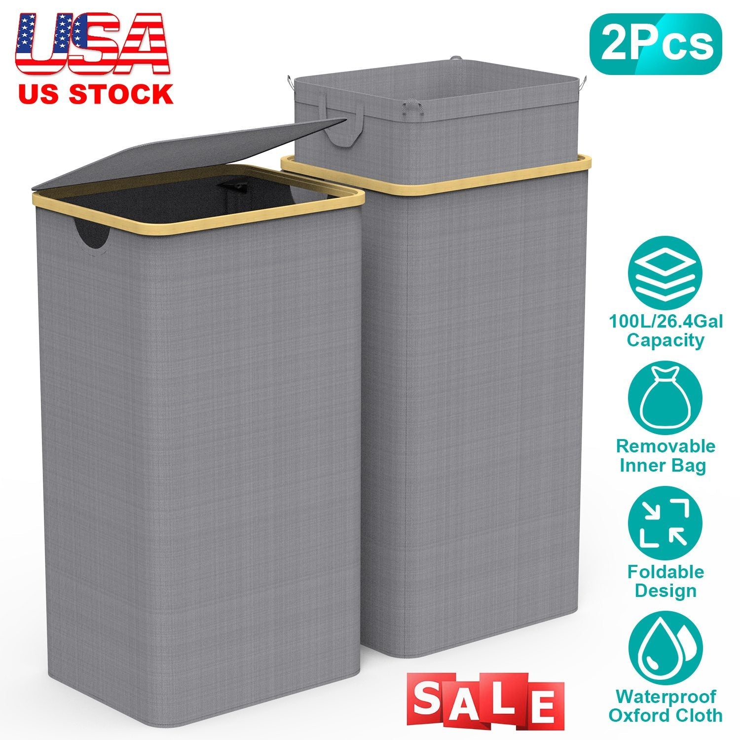 2Pcs Collapsible Laundry Hamper with Lid Handle 100L/26.4Gal Capacity Vertical Laundry Basket Foldable Bamboo Basket Dirty Clothes Organizer with Inne