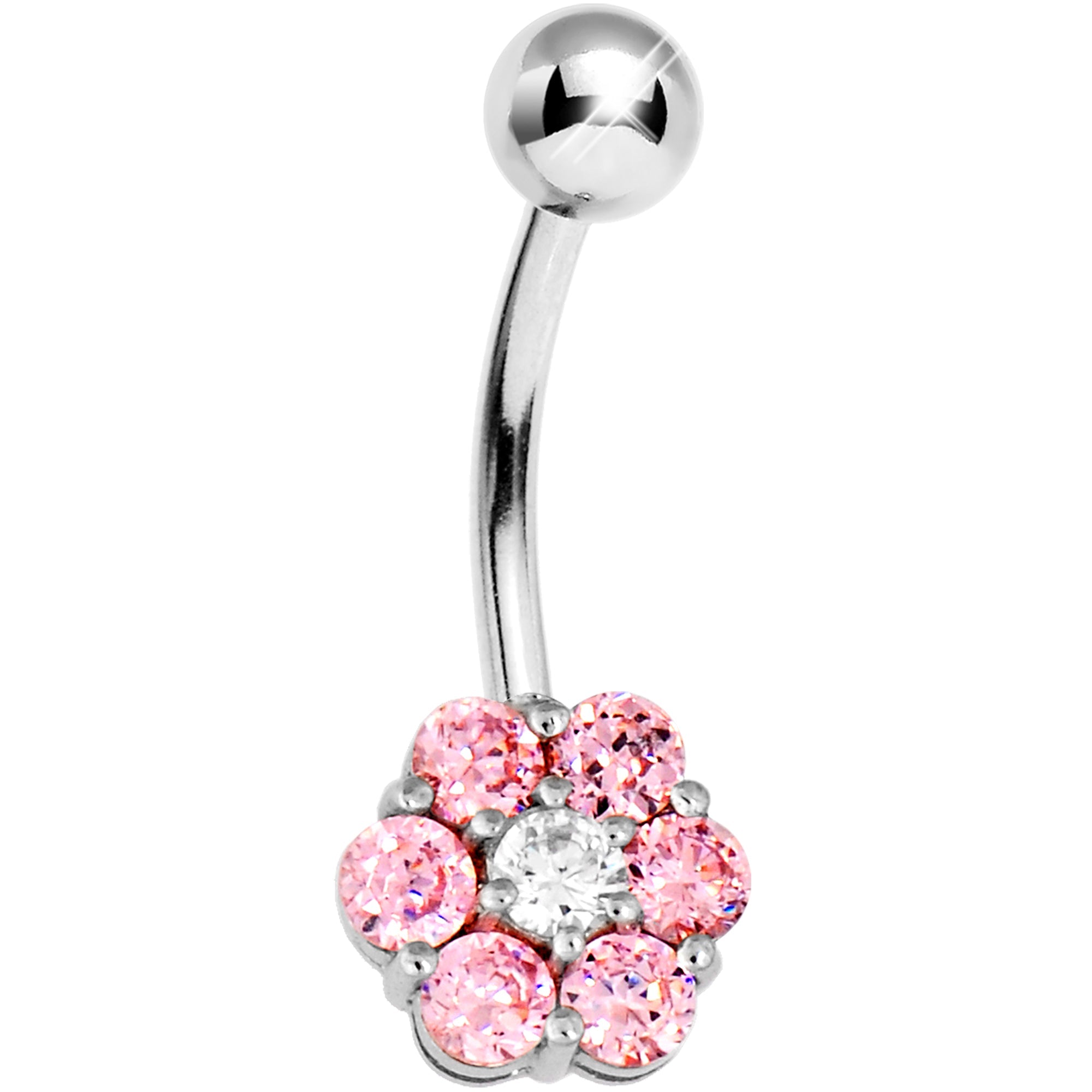 Solid 14k White Gold Pink Cubic Zirconia Flower Belly Ring