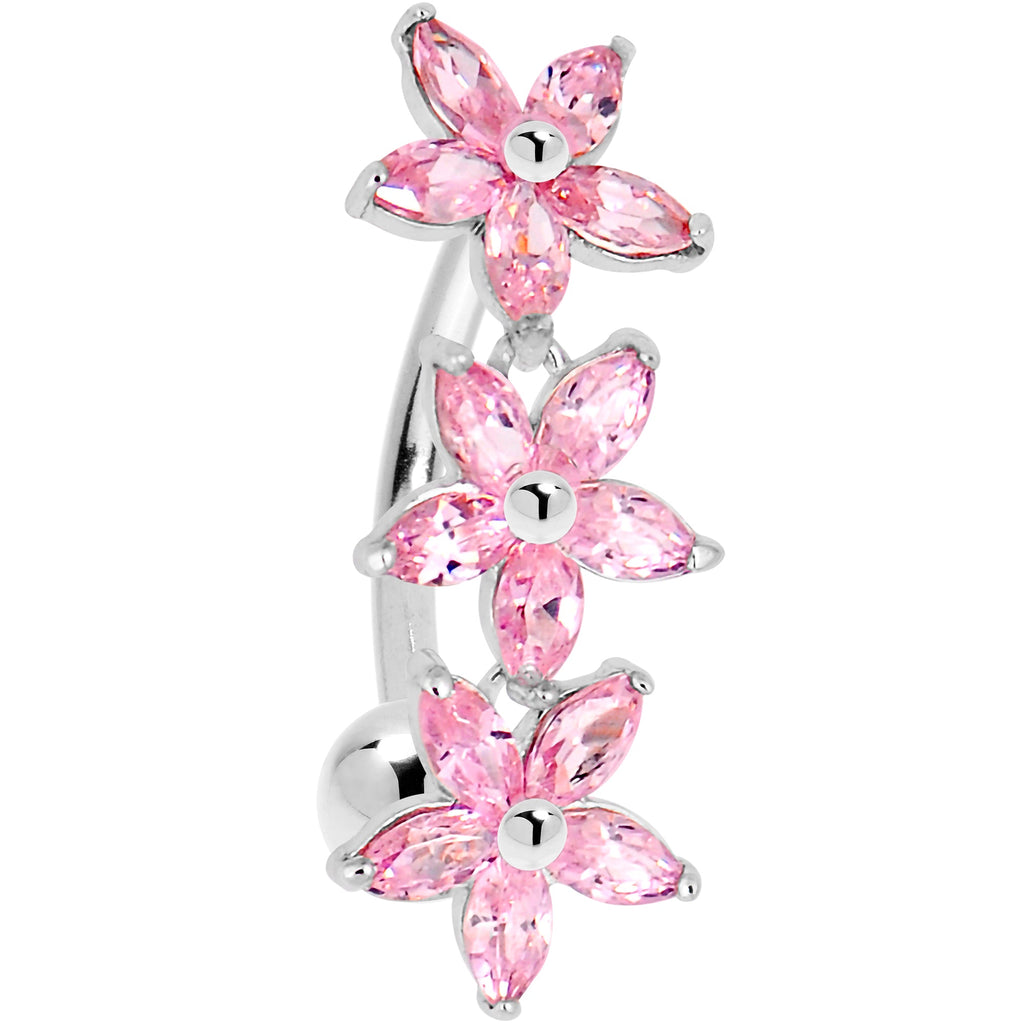 16G Solid 14k White Gold Pink Reverse Cubic Zirconia Lily Drop Belly Ring