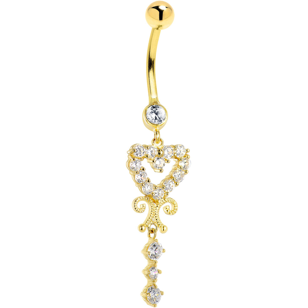 16G Solid 14K Yellow Gold SCROLL DROP HEART Cubic Zirconia Belly Ring