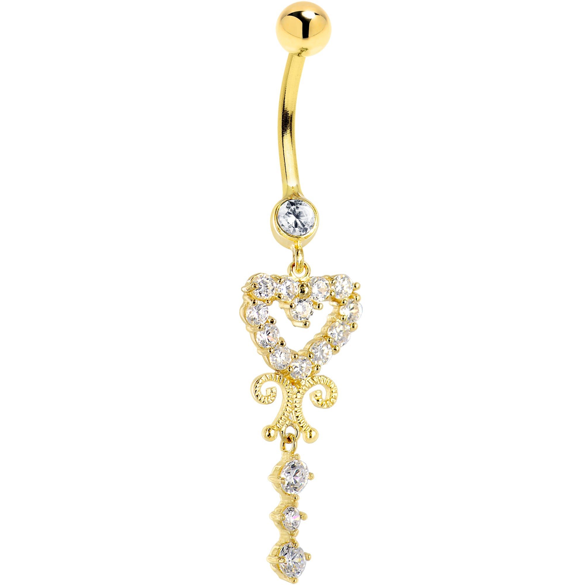 16G Solid 14K Yellow Gold SCROLL DROP HEART Cubic Zirconia Belly Ring