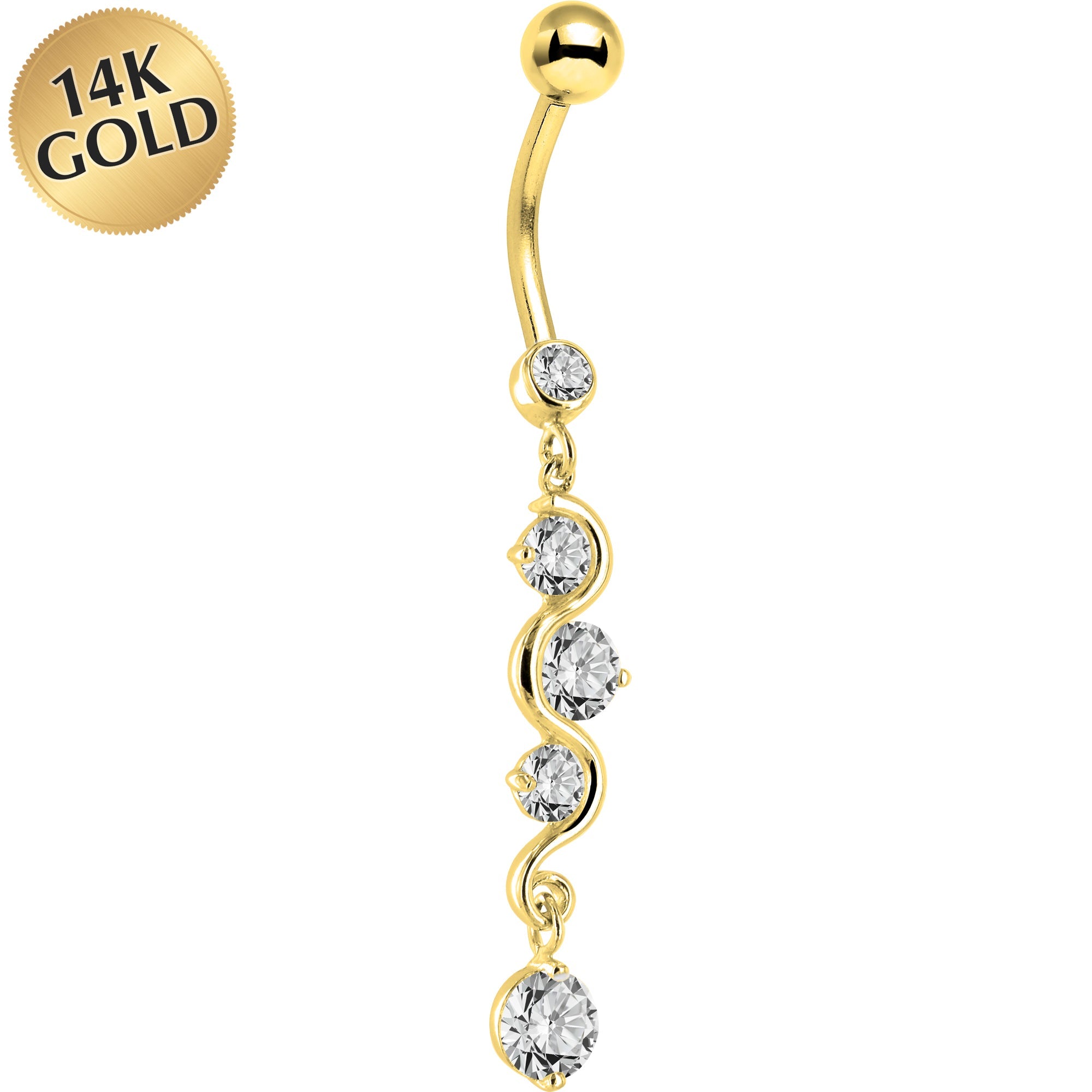 16G Solid 14K Yellow Gold Scroll Delight Cubic Zirconia Belly Ring