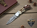 Handmade Damascus Pocket Knife – Stag Horn & Wood Handle